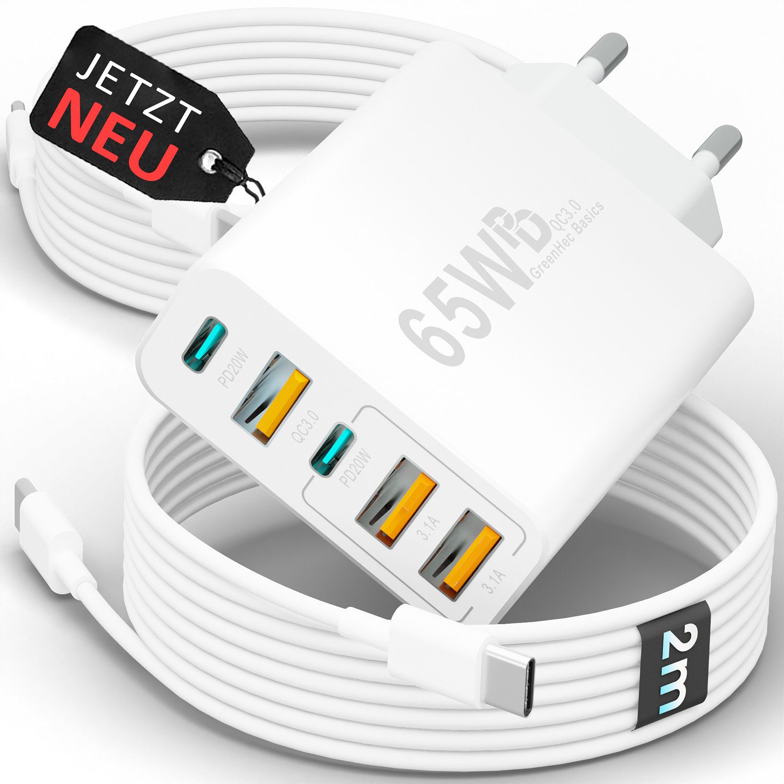 GreenHec USB Ladegerät + Kabel Charger Stecker Netzteil Adapter iPhone Schnelllade-Gerät (65 mA, Spar-Set, 65w Penta Charger + USB-C Kabel, Smasung Google Xiaomi 1m 2m 3m Mehrfach Adapter)