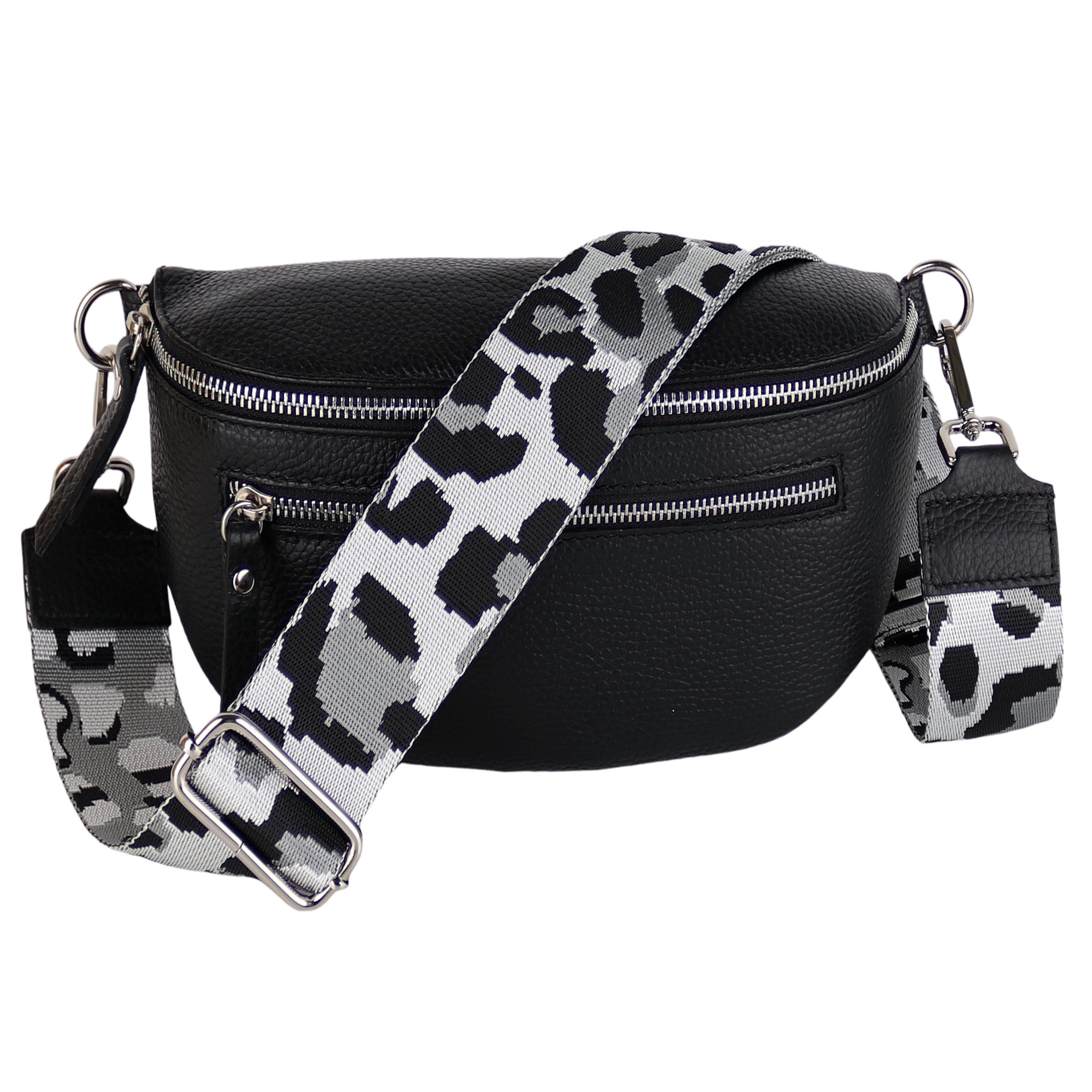 MIRROSI Bauchtasche Damen, Echtleder, Leder, Made in Italy, Umhängetasche, Brusttasche, (Schultertasche für jeden Anlass (1 Tasche & 2 Gurt), Mit zwei Reißverschlüssen, Gr. M 27x14x8 cm oder Gr. L 27x20 x9cm), Schwarz Crossbody Bag, gemusterten& verstellbaren Schulterriemen