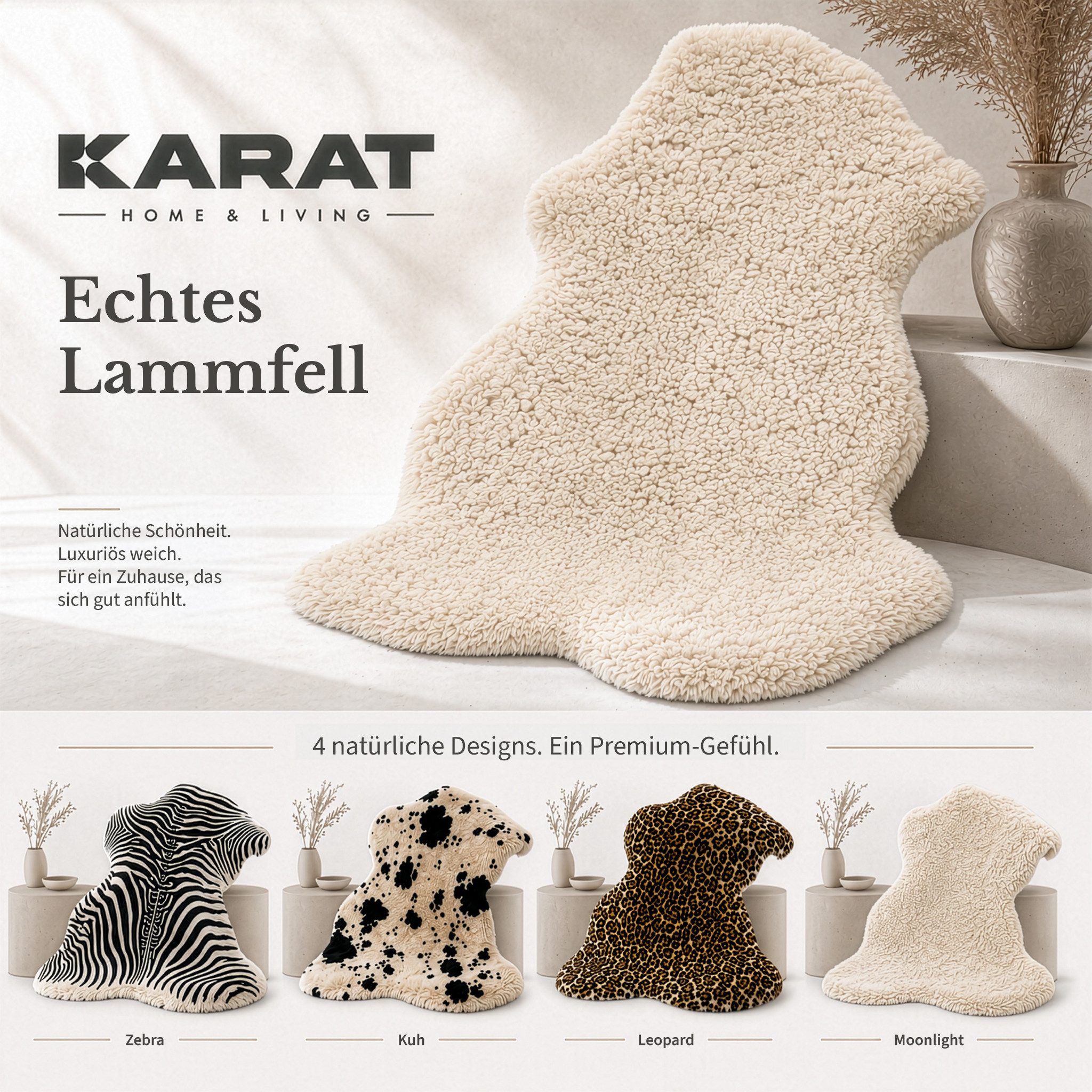 Karat Fellteppich Design-Schaffell Audrey, Echtes Lammfell aus 100 % Schafwolle, Mit natürlichem Lederrücken