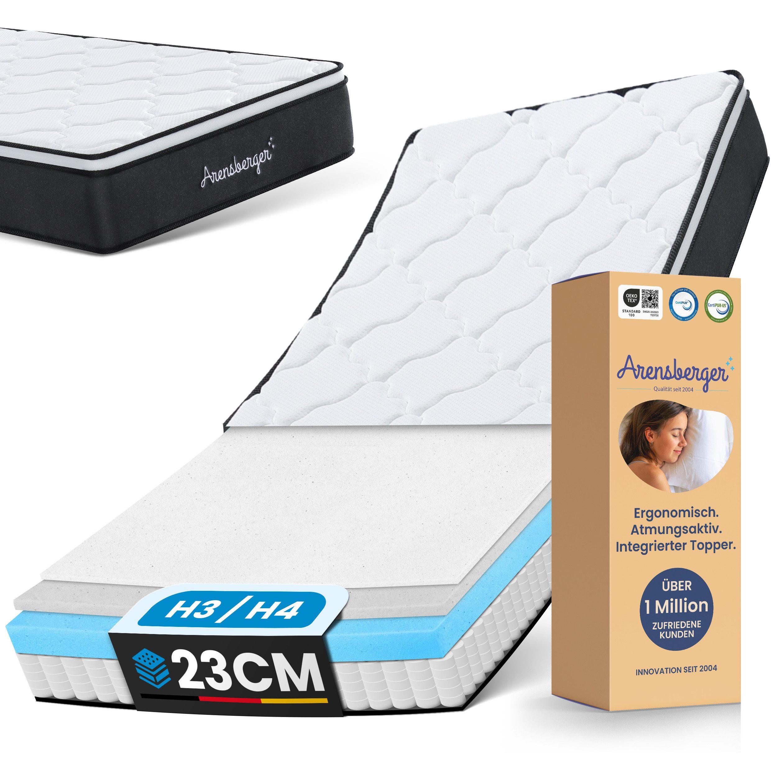 Taschenfederkernmatratze Arensberger Taschen Federkernmatratze EMILIA, 23cm Höhe, Arensberger, 23 cm hoch, (Matratze 140x200 cm), Taschenfederkernmatratze + GEL + Kaltschaum, hoher Punktelastizität