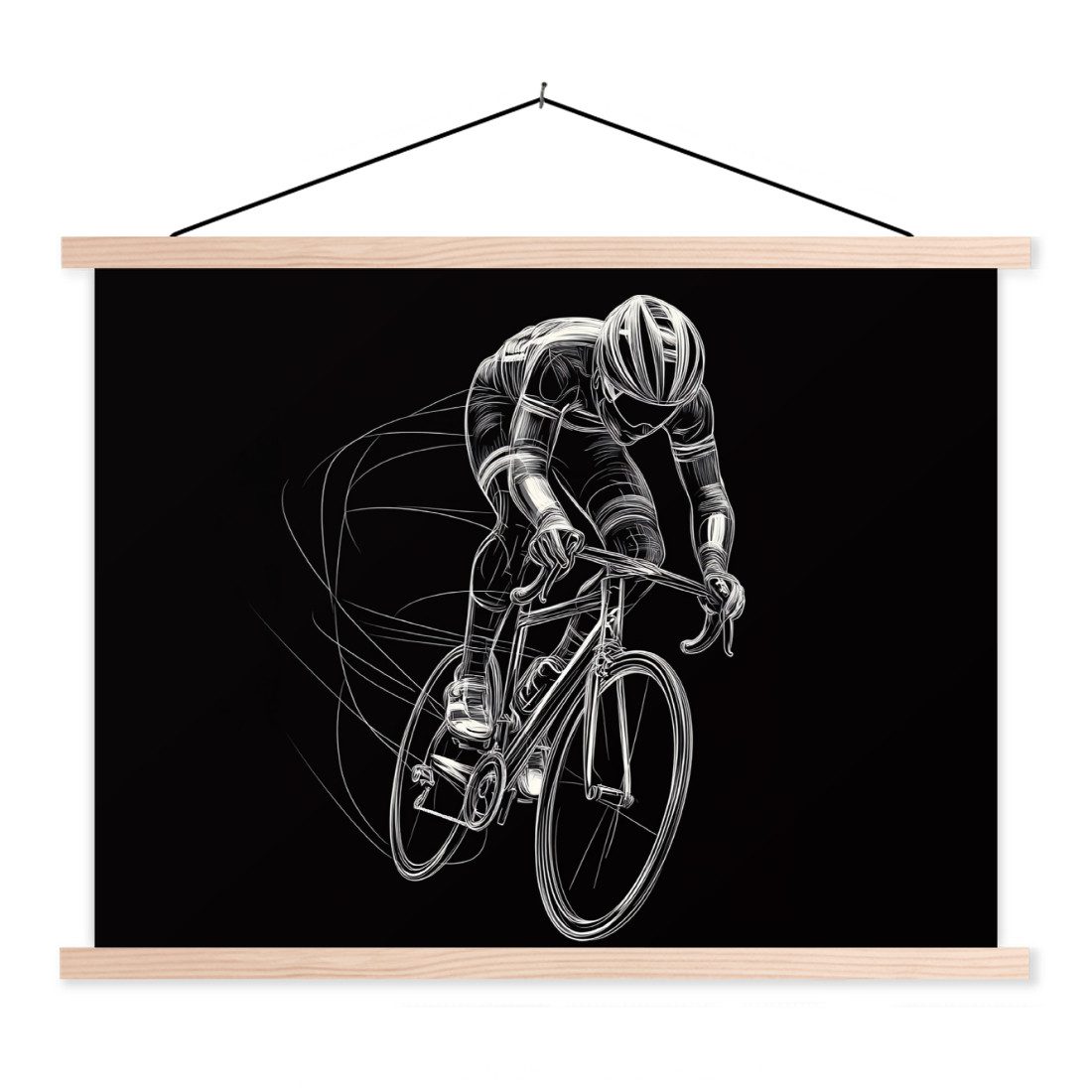 MuchoWow Poster Strichzeichnung - Weiß - Radfahren - Geschwindigkeit, (1 St), Bilderhalter, Bilderrahmen, Magnet Rahmen, Holz, 150x113 cm
