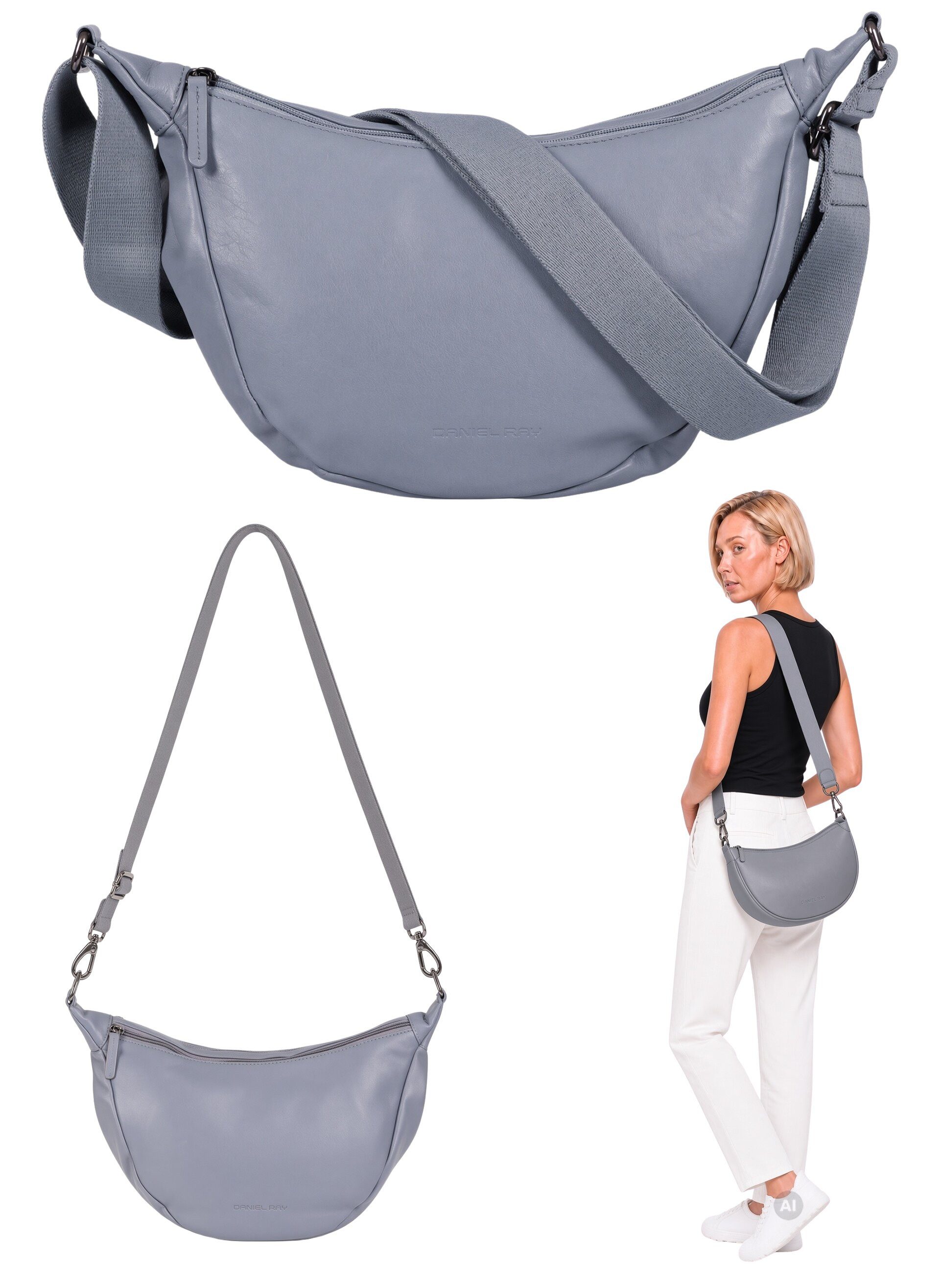 Daniel Ray Handtasche Crossbag Moon Bag Schultertasche Slingbag Leder, Ledertasche Damentasche Echtleder Tasche Portaugusta 1595 + Etui