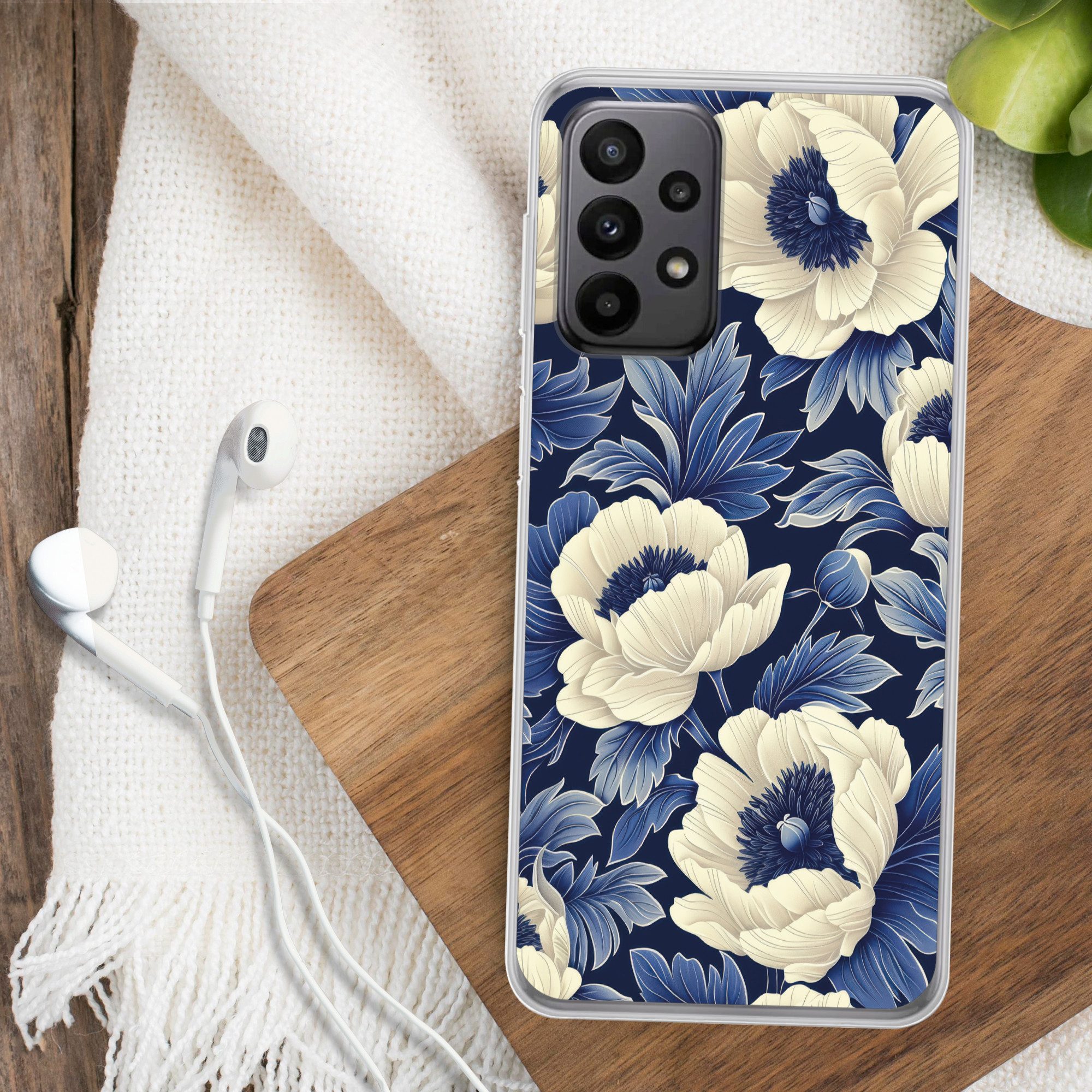 MuchoWow Handyhülle für Samsung Galaxy A23 5G Blumen - Muster - Blau - Weiß, Smartphone-Bumper, Print, Handy Schutzhülle Dünn