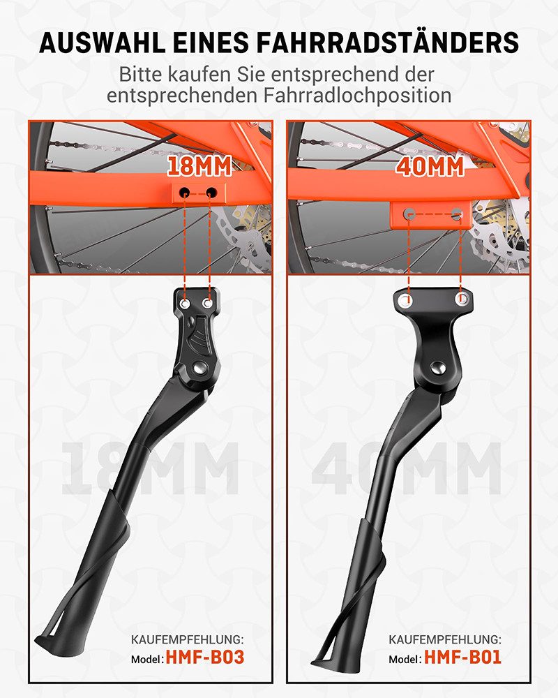 FOUORTUNATE-BEE Fahrradständer Fahrradständer 24-29 Zoll (Fahrradständer mit 2 Löchern,Stabil Seitenständer,Konzipiert für E-Bike und MTB), 40mm Loch für M6 Schrauben,18mm Loch für M5/M6 Schrauben geeignet