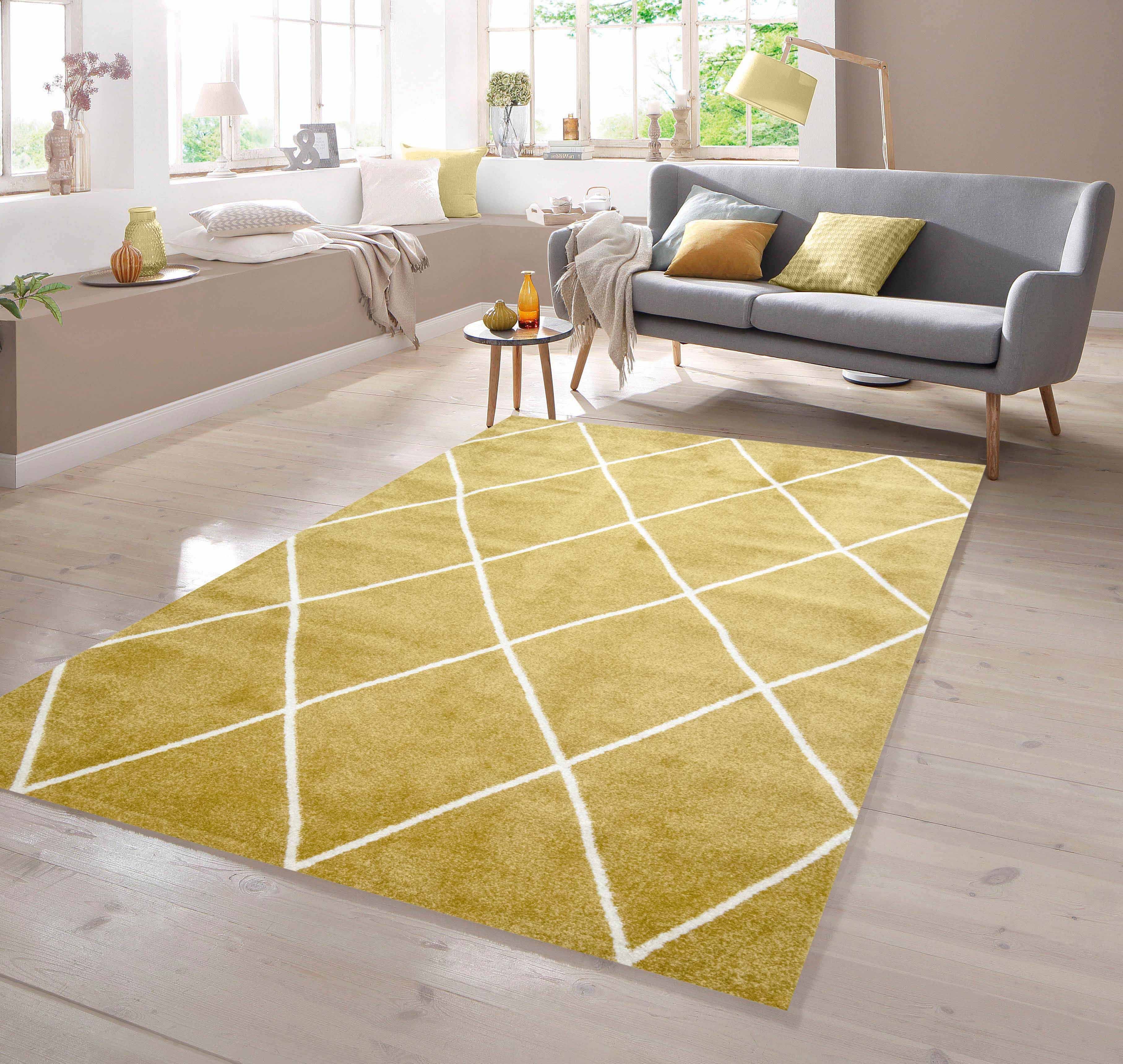 Teppich Teppich Skandinavischer Stil Rautenmuster gold creme weiß, TeppichHome24, rechteckig