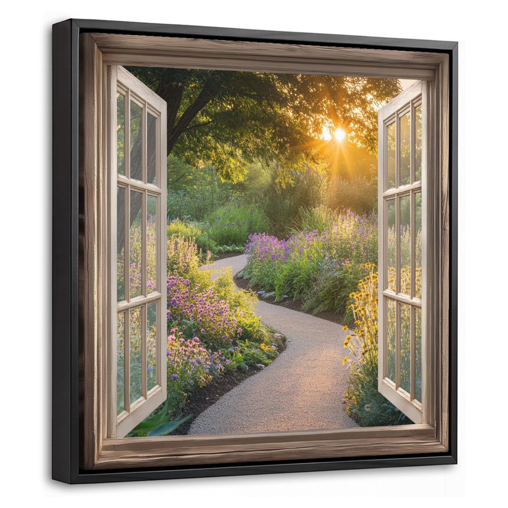 OneMillionCanvasses® Leinwandbild mit Rahmen - Aussicht - Blumen - Natur - Sonne - Weg, Fotodruck (1 St), Leinwand Bilder Klein, Wand Dekoration Aesthetic 20x20cm