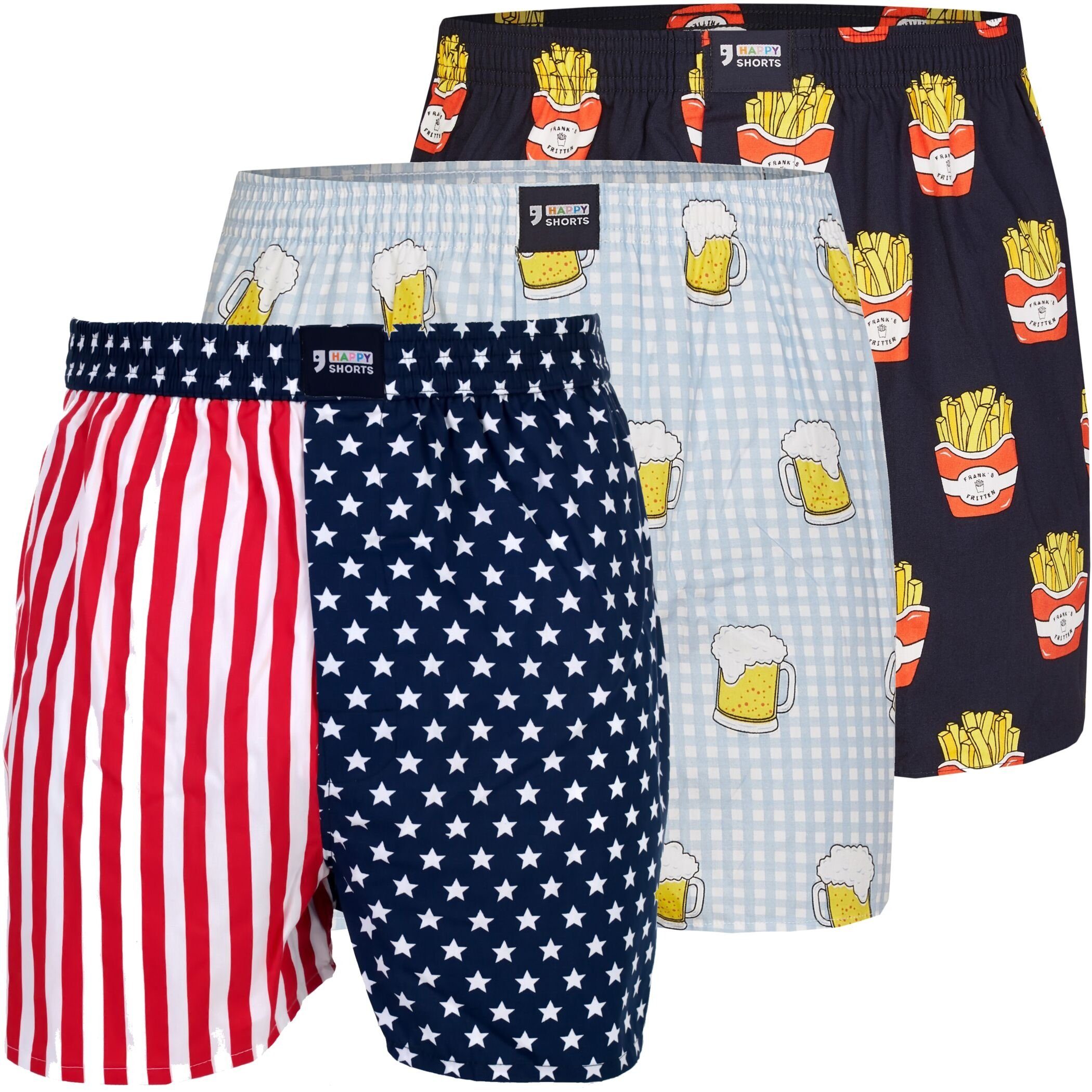 HAPPY SHORTS Boxershorts 3er Pack HAPPY SHORTS Boxershorts Webboxer Boxer Sets zur Auswahl (1-St) USA - Pommes - Bier