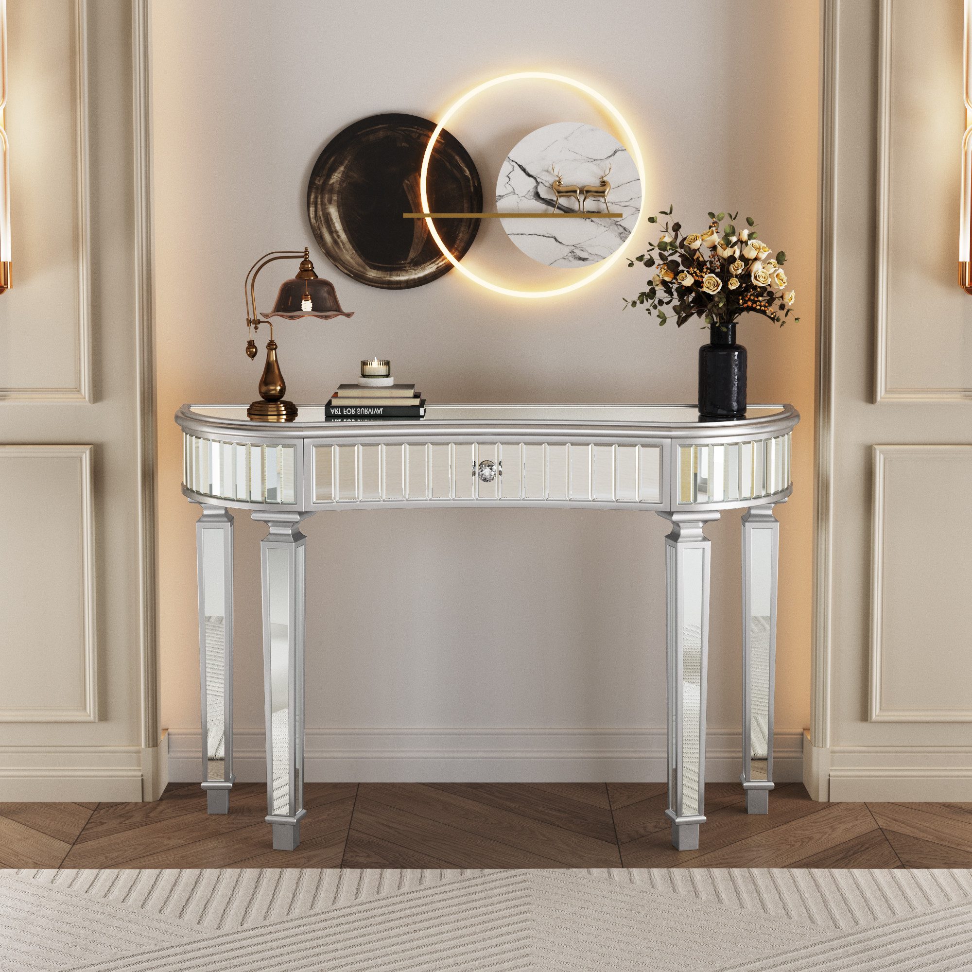 STILVORA Konsolentisch mit spiegel Frisiertisch mit Schublade Kosmetiktisch Gold + Silber (mit Kristallgriff-Schublade, luxuriöser Sofatisch aus Fluted Glass), Modernes Schminktisch-Design