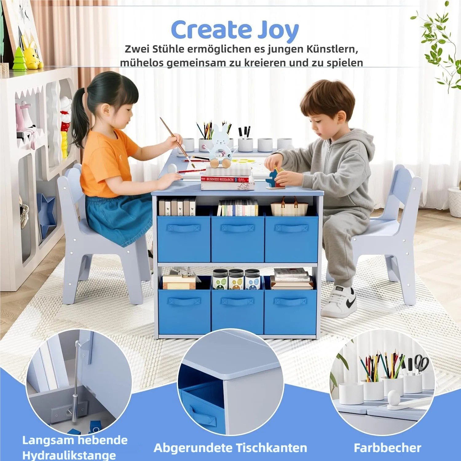 TLGREEN Kindertisch mit 2 Satz Stühlen, Kinder Tisch Stuhl Set Holz (Kindermaltisch mit Papierrolle und Stauraum, Mal und Basteltisch), Wasserdichtes Kindertisc – Bild 4 von 5