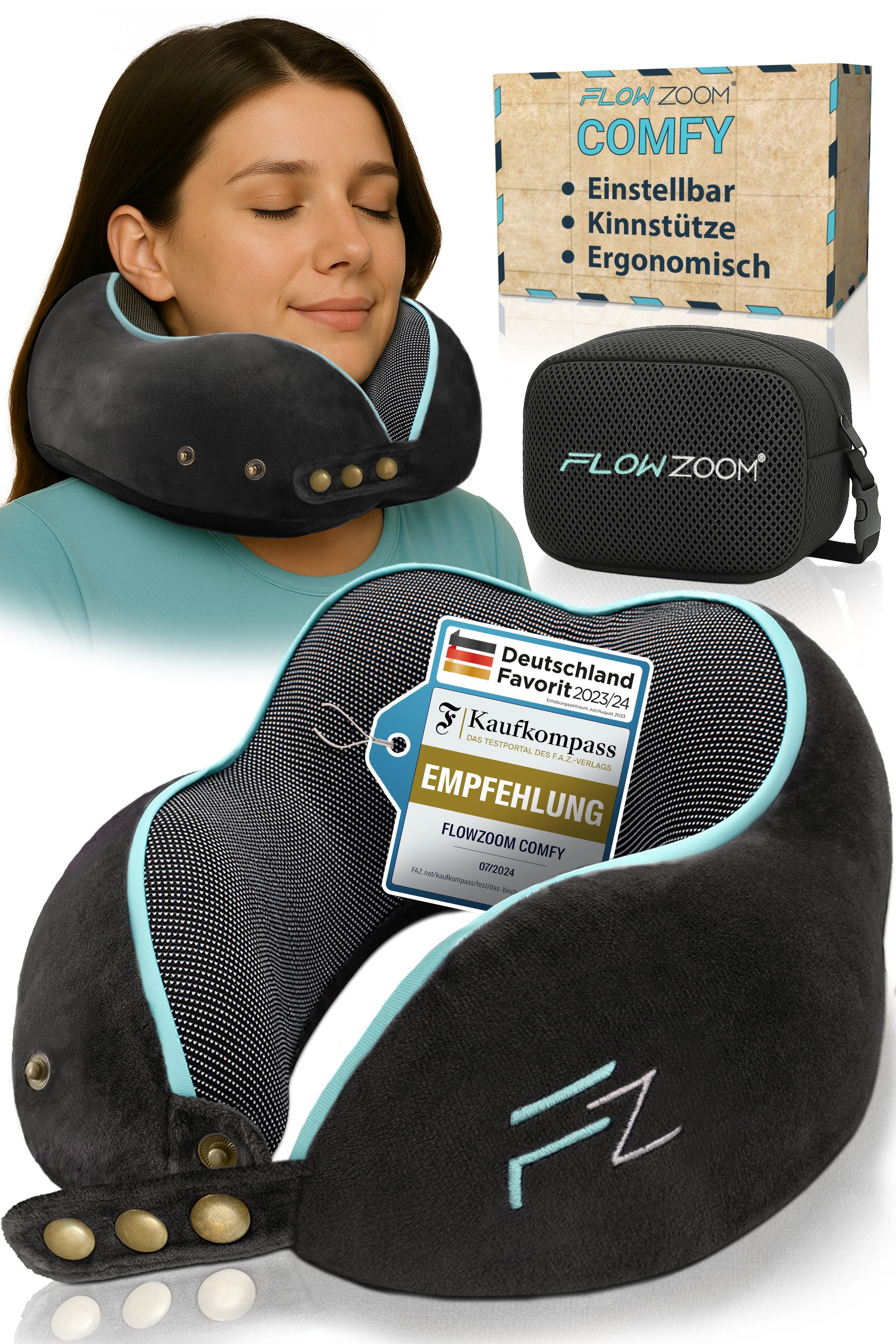 FLOWZOOM Nackenhörnchen COMFY Nackenkissen Flugzeug & Auto – Reisekissen Memory-Schaum, Nackenhörnchen für Erwachsene - Nackenkissen Reisen - verstellbar