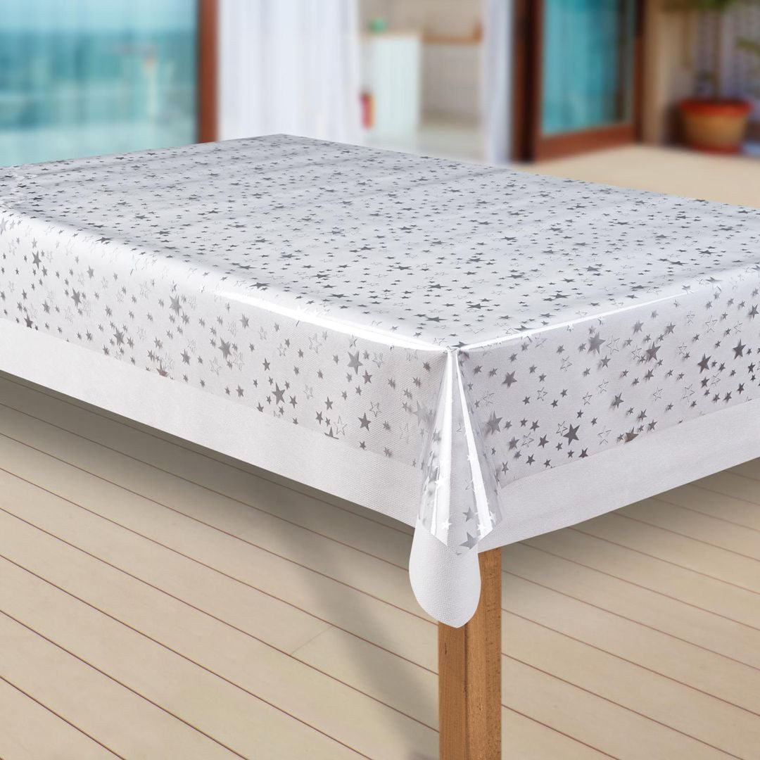 laro Tischdecke Wachstuch-Tischdecken Abwaschbar Transparent Sterne silber rechteckig