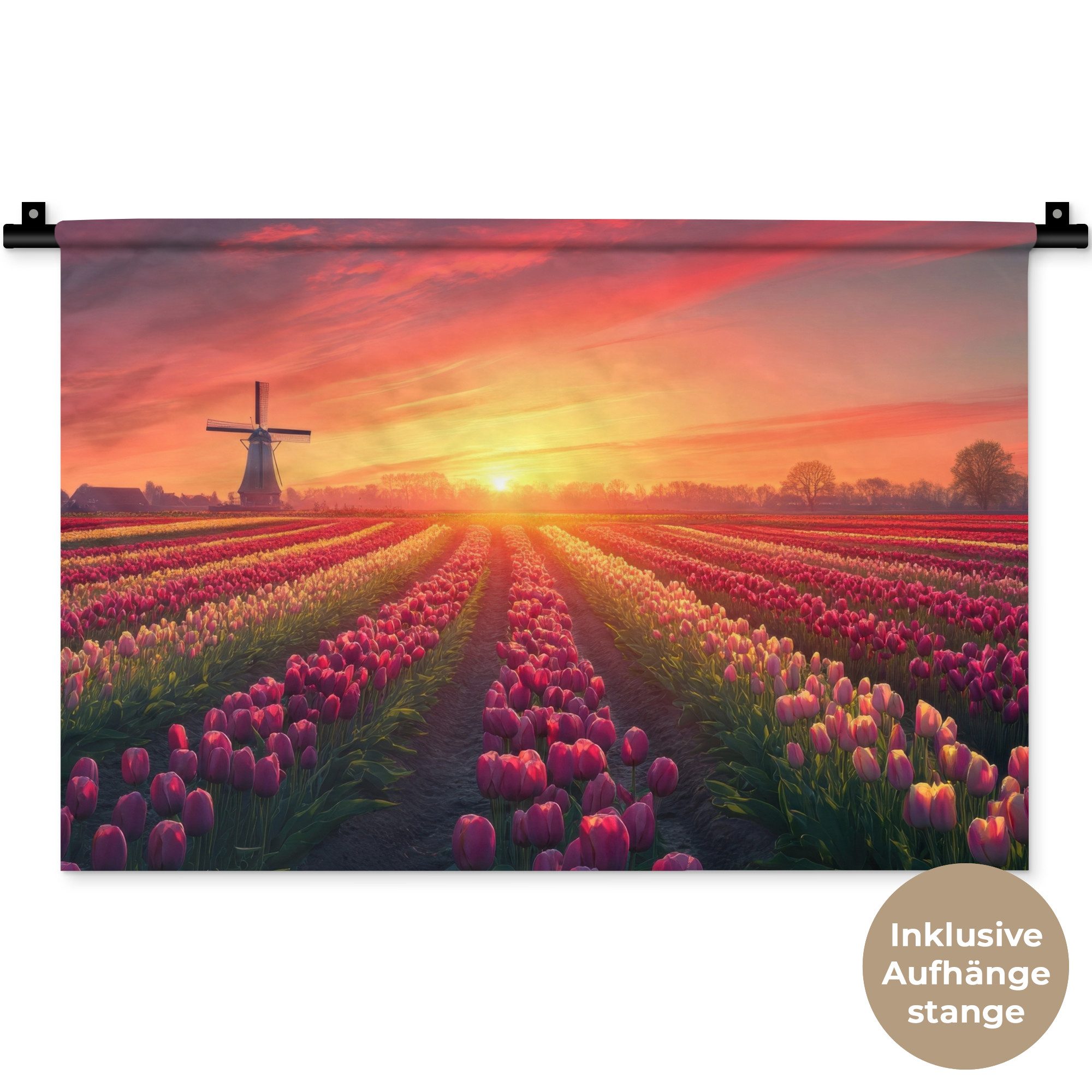 MuchoWow Wandteppich Windmühle - Sonnenuntergang - Landschaft, Rechteckig, Höhe: 3 mm, Wandteppich für Wohnzimmer, Schlafzimmer, 60x40 cm