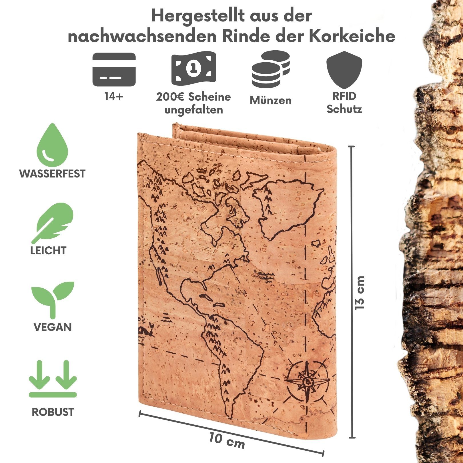 Simaru Geldbörse MAEL (Worldmap), Portmonee aus Kork, veganer RFID-Schutz, wasserdicht und langlebig