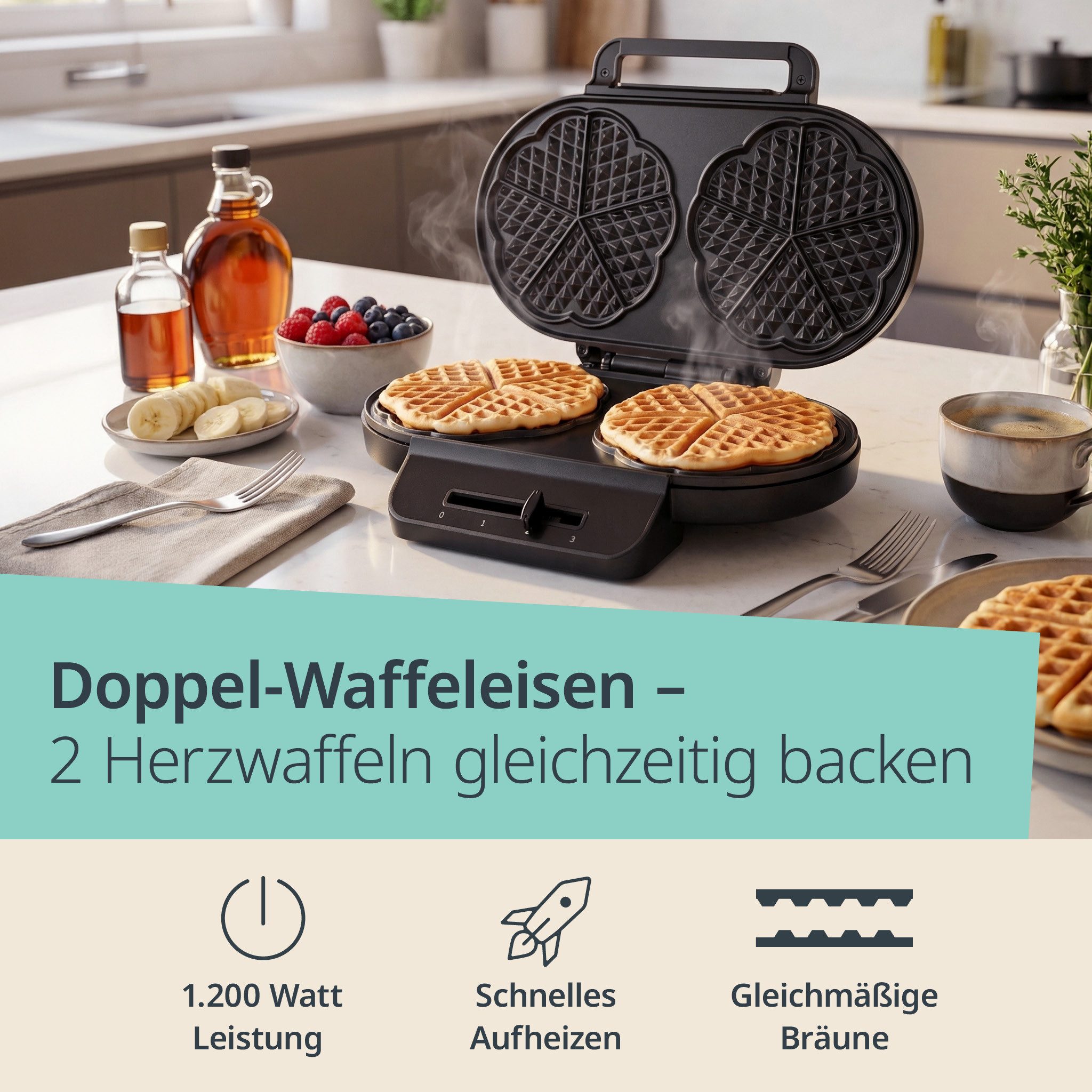 ADE Waffeleisen Doppel-Waffeleisen für 2 Herzwaffeln gleichzeitig, 1200 W, Antihaftbeschichtung, stufenloser Temperaturregler