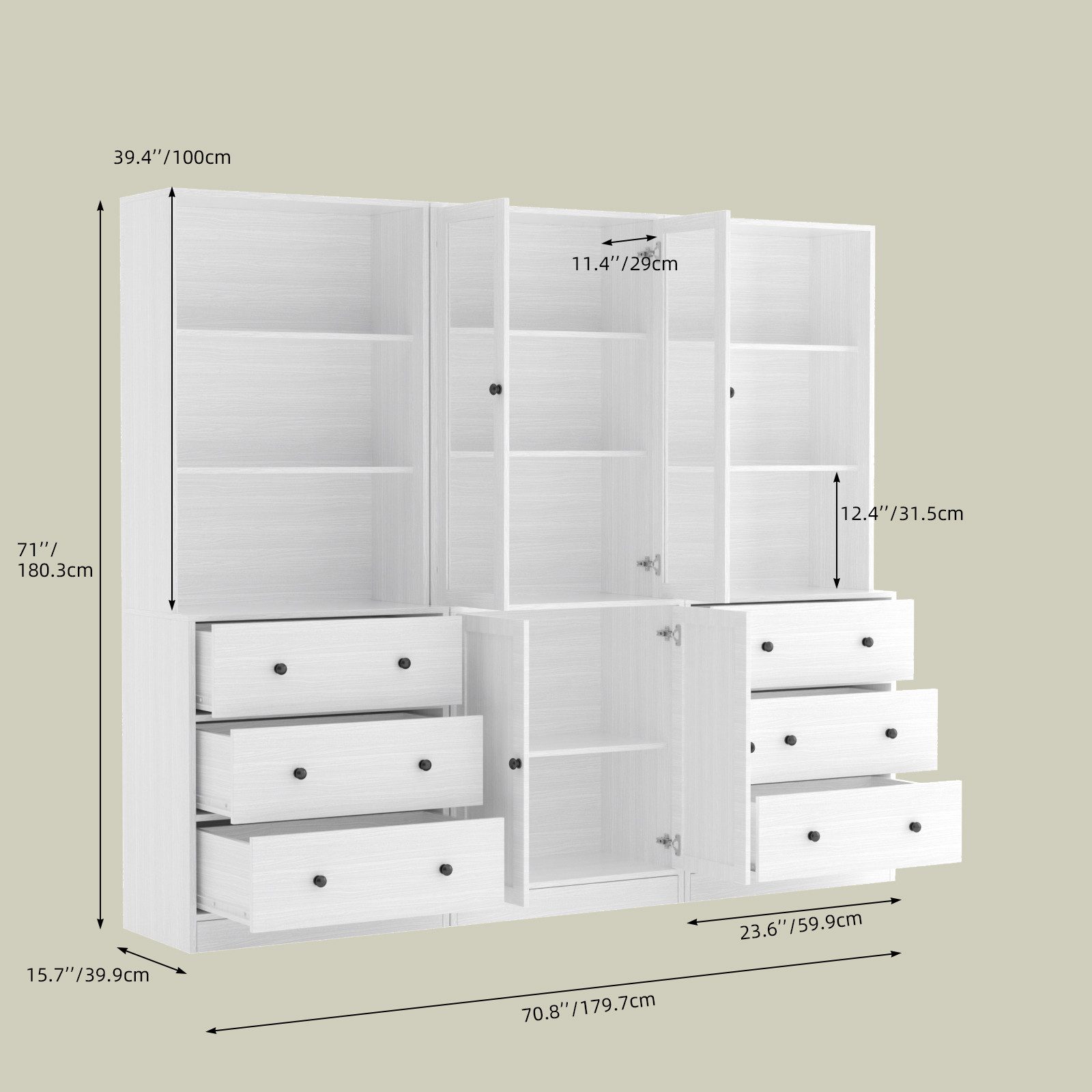 VOWNER Bücherregal 5-stöckiges Bücherregal mit Glastüren, 180 cm Vitrinenschrank, 3-tlg., multifunktionaler Küchenschrank Hochschrank & Buffetschrank