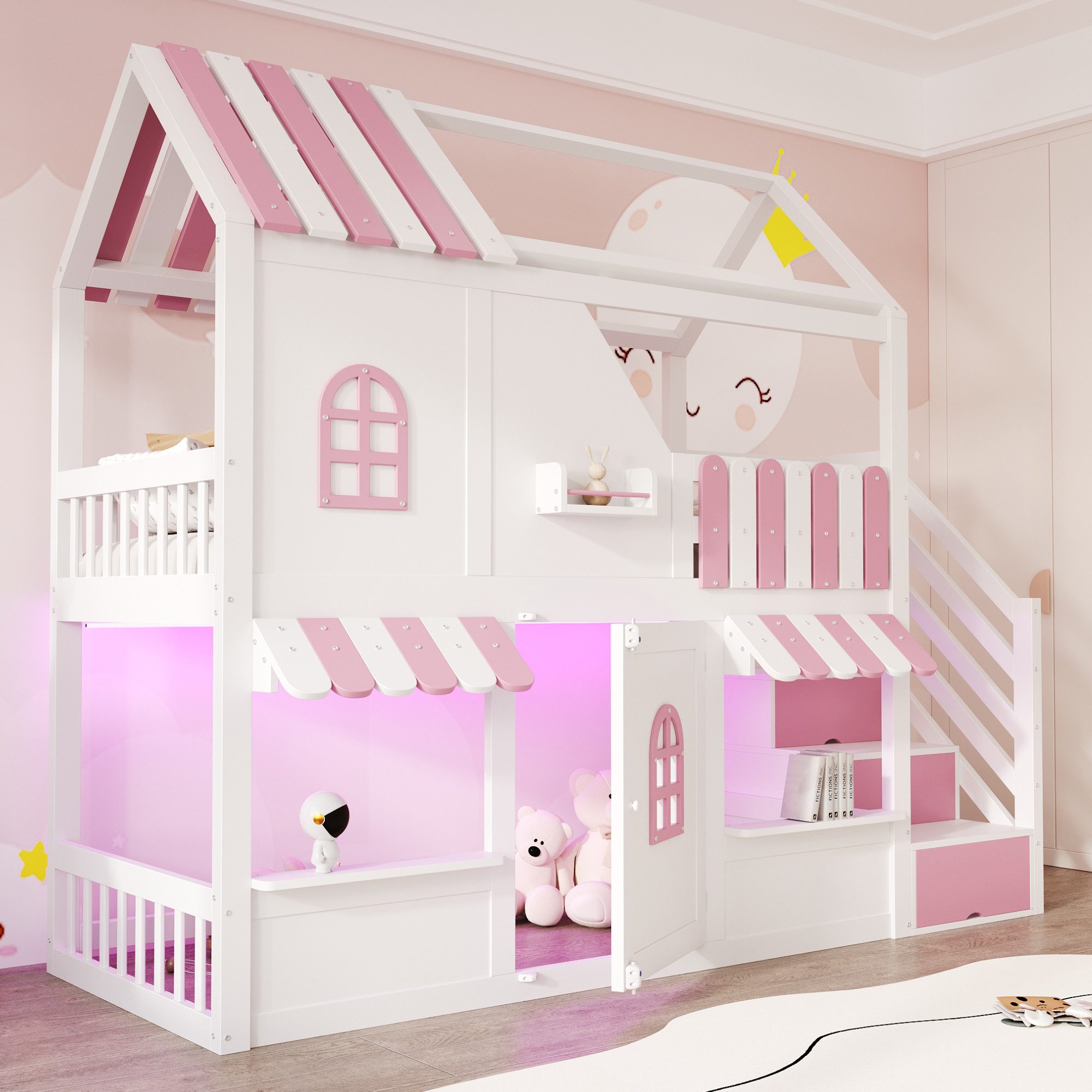 Flieks Etagenbett, Kinderbett Haus-Design 90×200cm mit Stauraumtreppe LED-Beleuchtung
