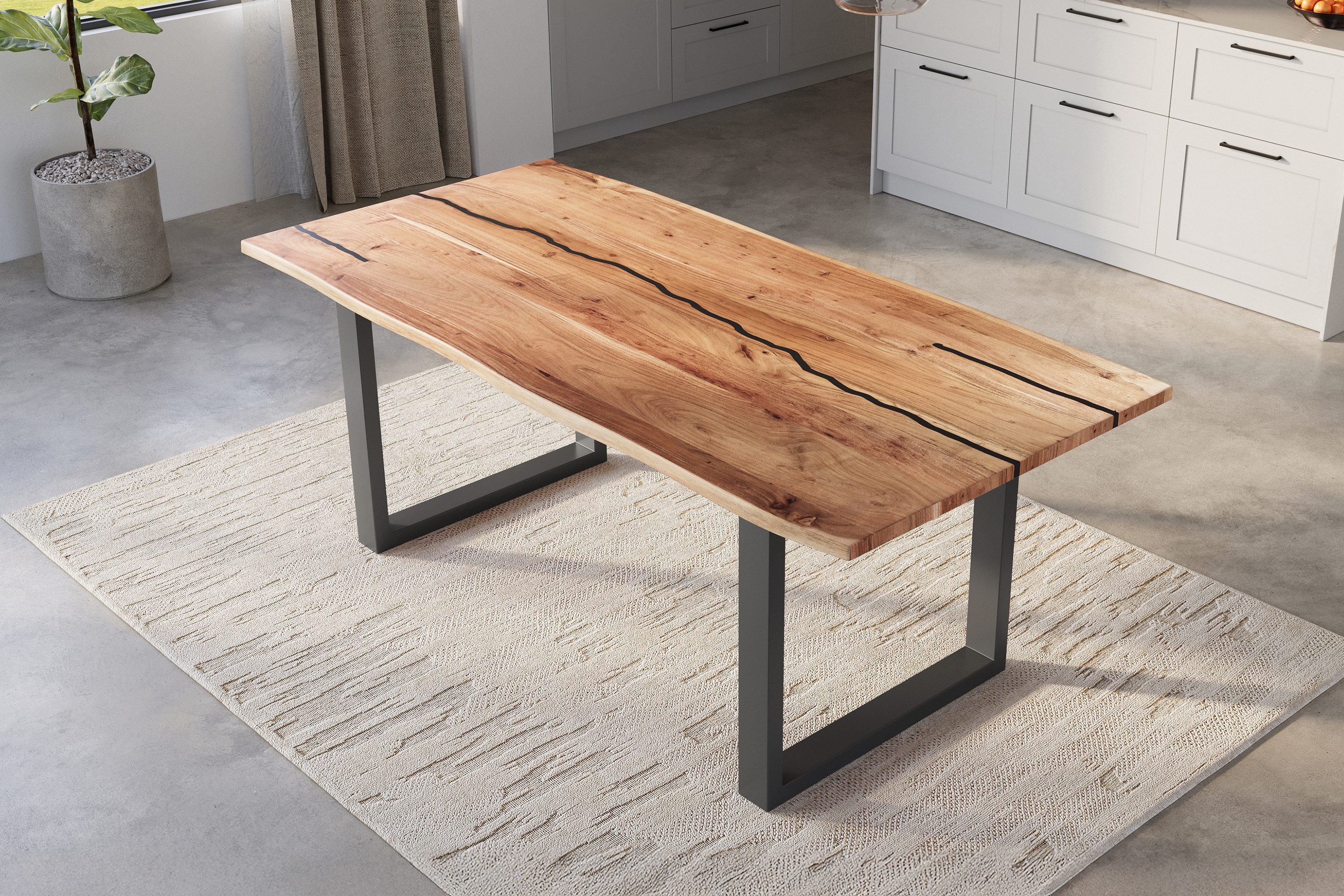 SAM® Baumkantentisch Daisy, Akazienholz, Baumkante, schwarze Resin-Adern, Metallgestell