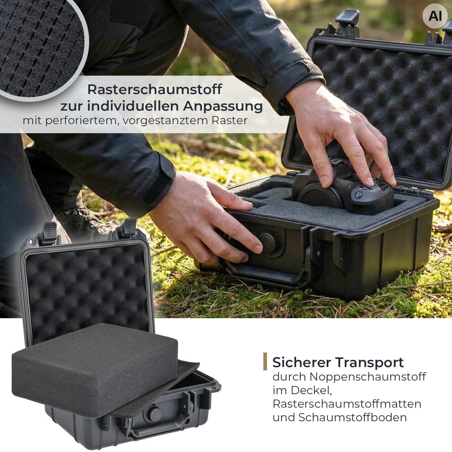 HMF Werkzeugkoffer ODK100 Outdoorkoffer mit Druckausgleichsventil und Rasterschaumstoff, Outdoor-Koffer wasserdicht und staubdicht, 27 x 24,5 x 13 cm, schwarz – Bild 3 von 5
