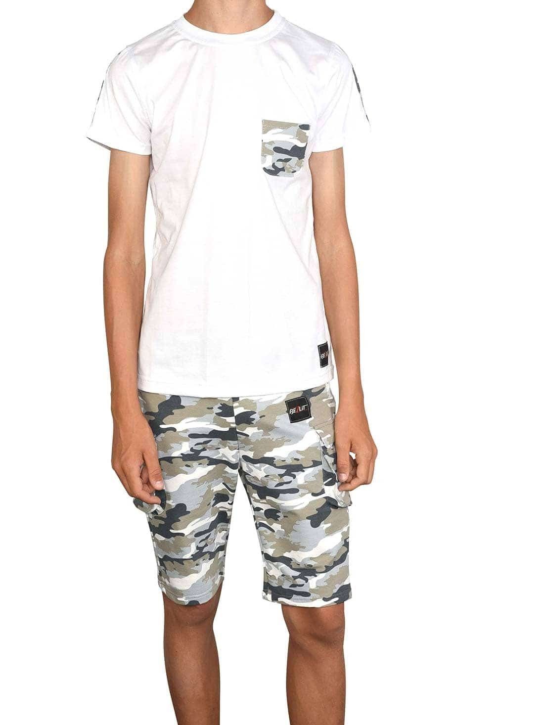 Cargo (1-tlg) T-Shirt T-Shirt & casual Sommer Jungen Shorts BEZLIT Weiß-Grau-Camouflage und Set Shorts