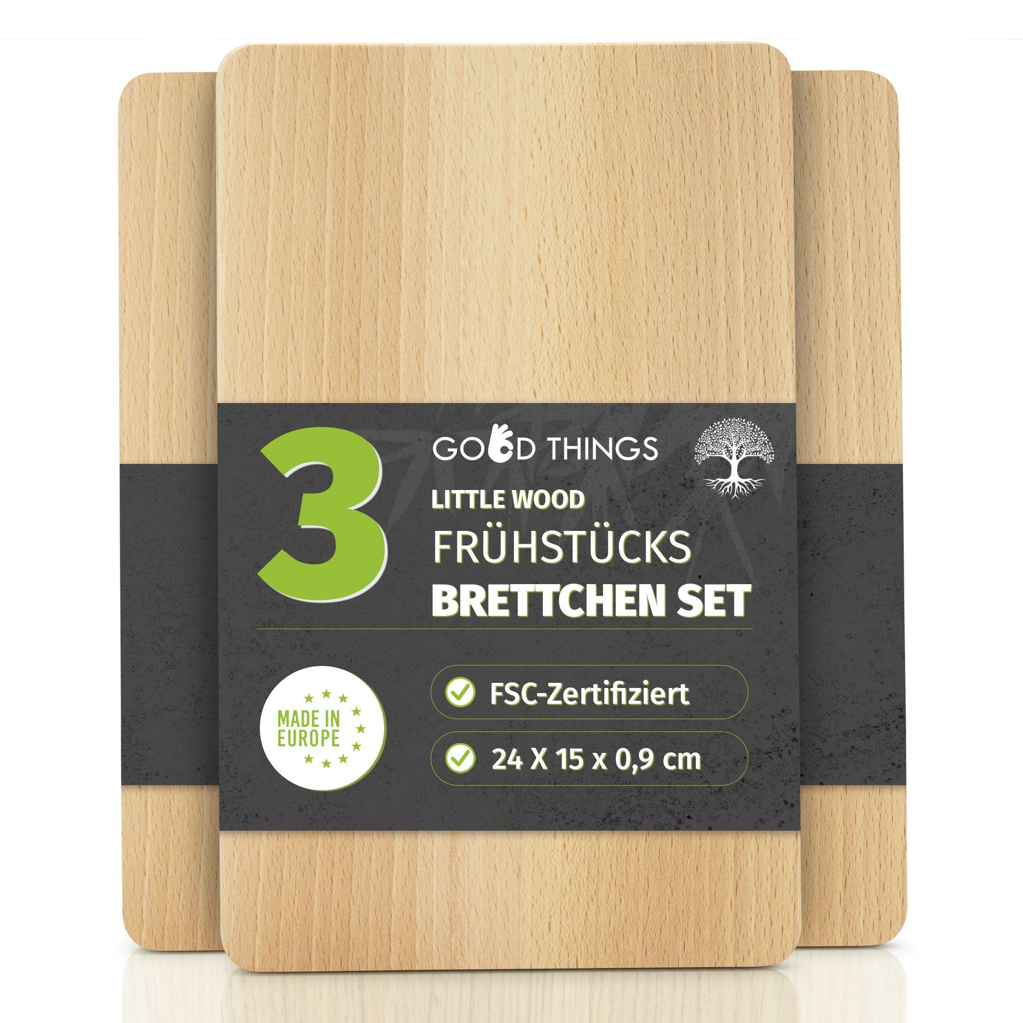 GOOD THINGS Frühstücksbrett aus Buchenholz - Perfekt als Schneide- und Brotzeitbrett, (3-St., Ideales Schneidebrett für die Küche), FSC-Zertifiziert