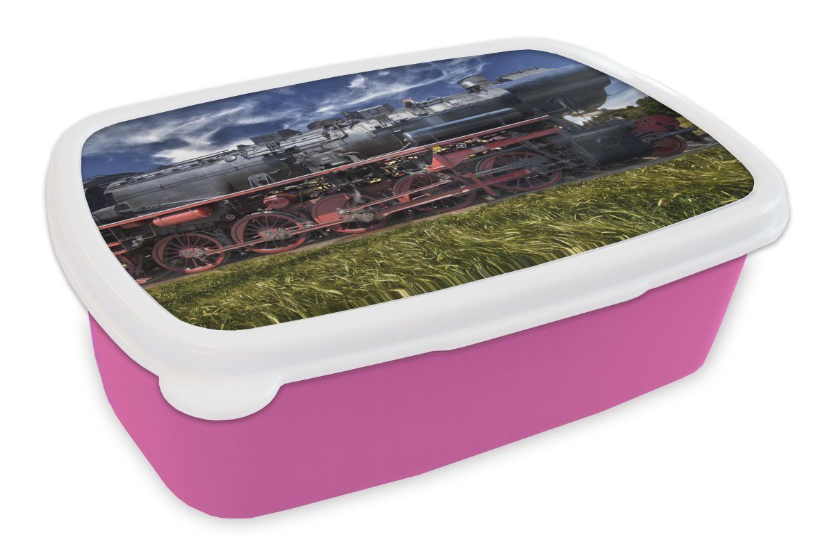 MuchoWow Lunchbox Mädchen, Erwachsene, rosa Kinder, (2-tlg), Kunststoff, Dampflokomotive auf Brotdose Feld, für einem Snackbox, Kunststoff Brotbox