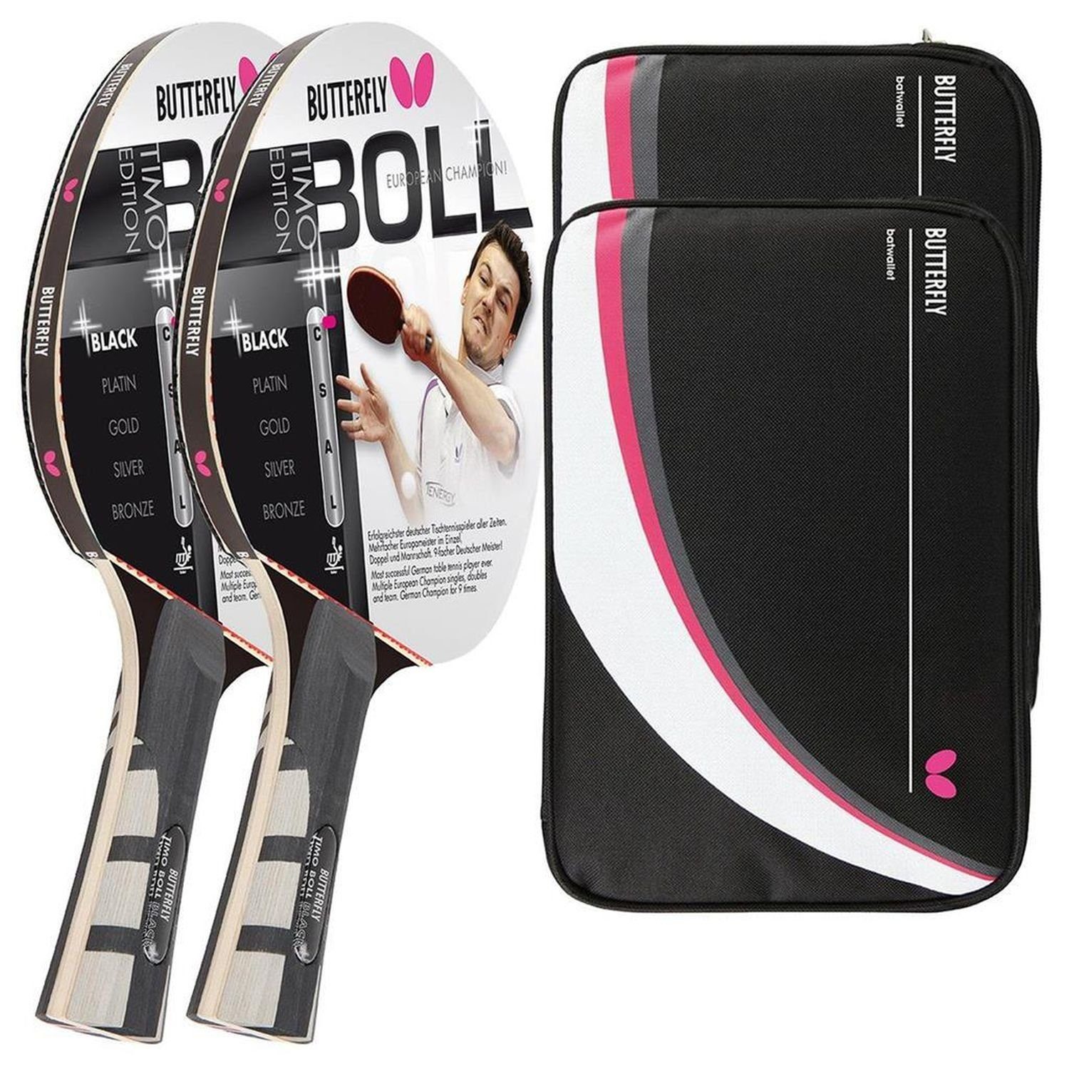Tischtennisschläger 2x Timo Boll Black 85030 + 2x Drive Case 2