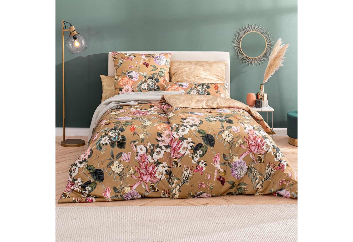 Estella Bettwäsche Estella Mako-Satin Bettwäsche 135x200 Fiore messing Rosen Blüten Wende, Mako-Satin, 2 teilig, für Sommer und Winter