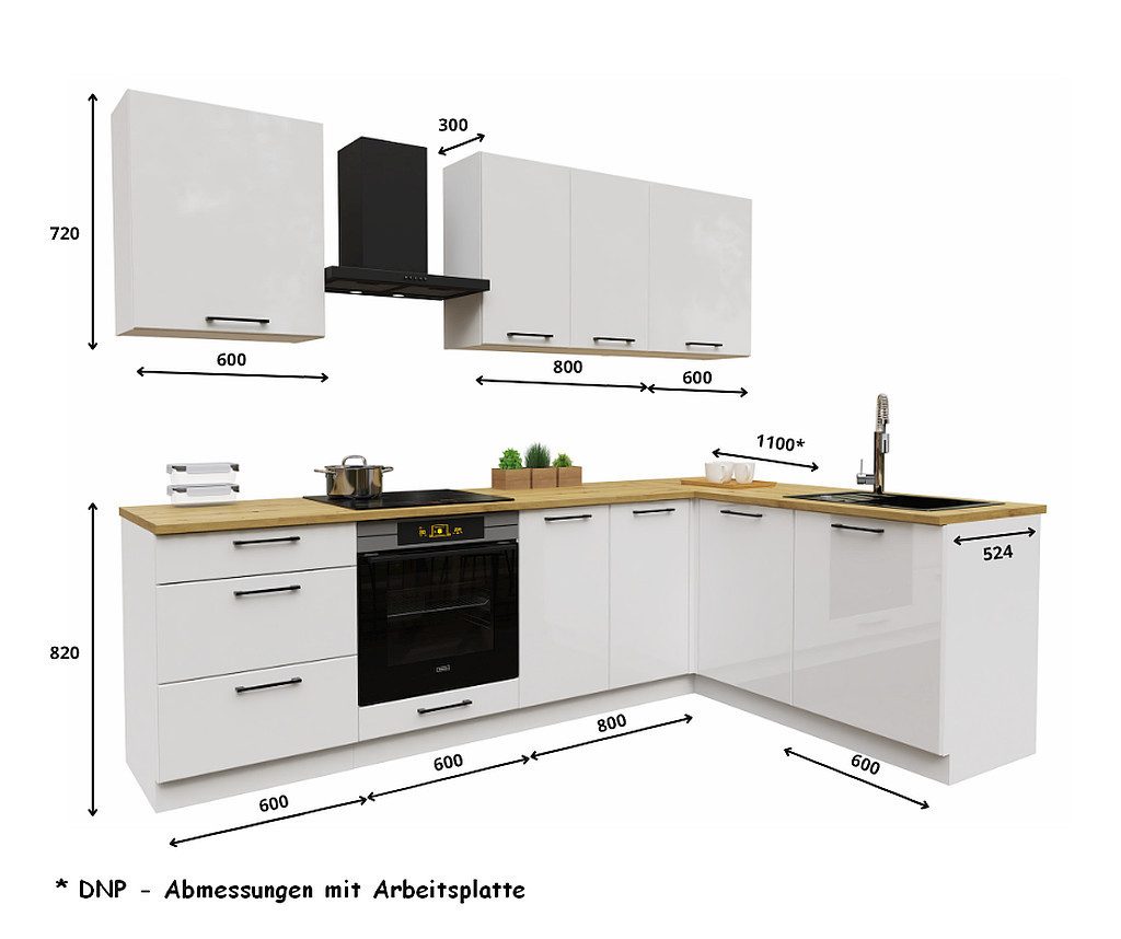 Möbel für Dich Winkelküche moderne Eckküche in L-Form Denis 260x170 cm, 8-teilig, mit Fronten in Weiß Hochglanz oder Beige matt