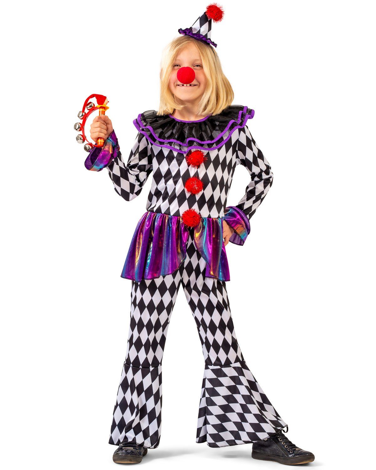 Funny Fashion Clown-Kostüm Harlekin Kinderkostüm 'Chelsey' mit Hut, Pierrot