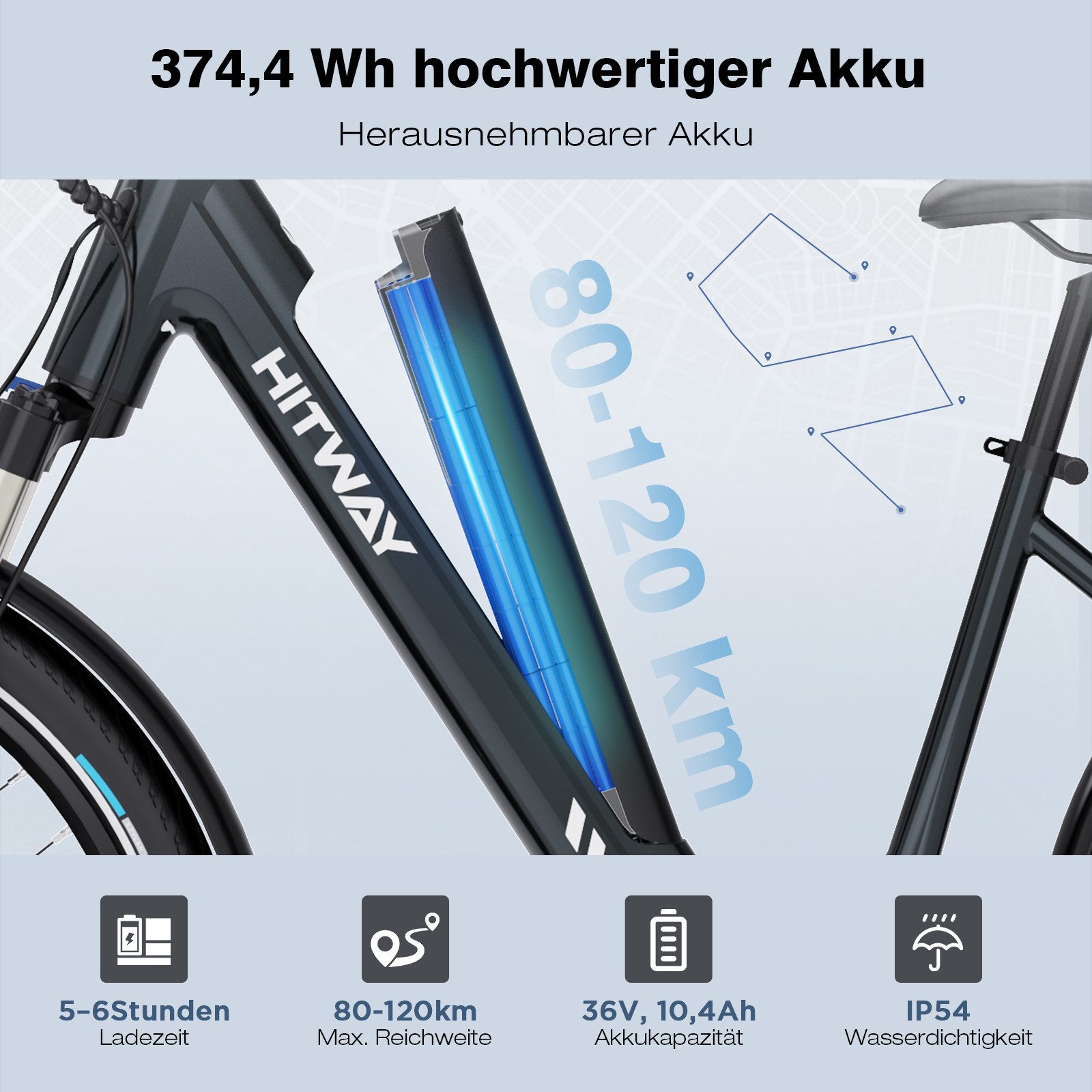 HITWAY E-Bike Cityrad Pedelec 26 Zoll Elektrofahrrad bis zu 80-120km Reichweite mit StVZO, 7 Gang shimano shimano Schaltwerk, Kettenschaltung, Mittelmotor, 374,4 Wh, 25km/h mit Drehmomentsensor für Erwachsene mit APP GPS 4G