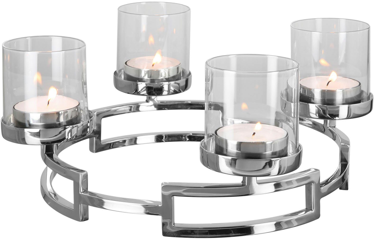 Kerzenleuchter aus Fink Adventsleuchter - Glas, 4-flammig, (1 HOMMAGE, Edelstahl silberfarben St), und Weihnachtsdeko