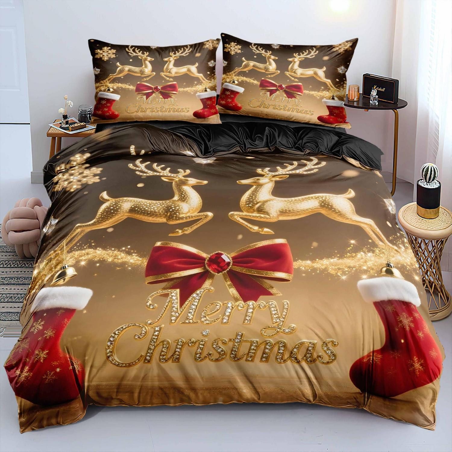 LuxusKollektion Bettwäsche Bettwäscheset 155x220cm Rentier/Weihnachtsbaum Mikrofaser