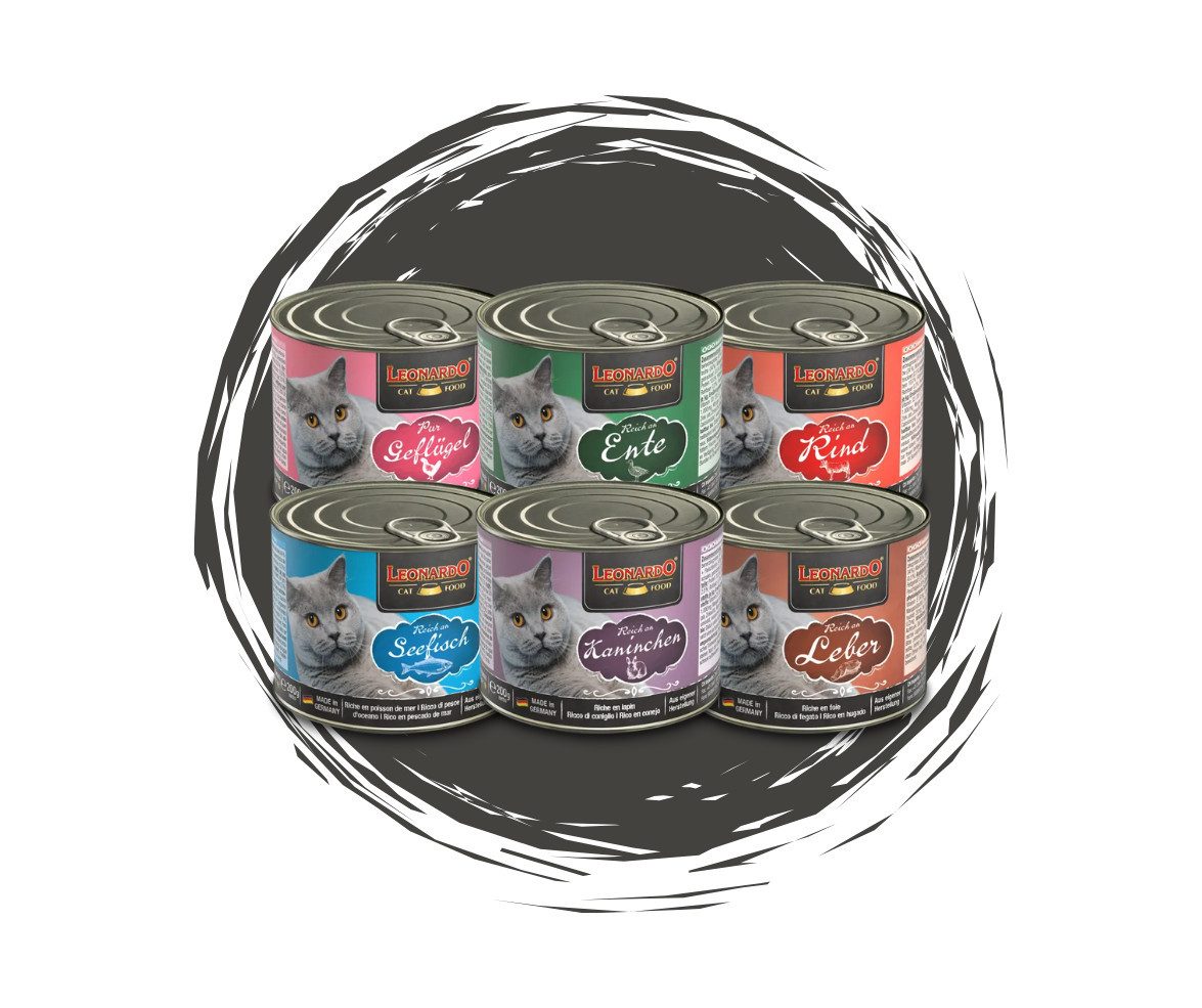 Leonardo Catfood Nassfutter Mix - Rind, Ente, Geflügel Pur, Leber, Kaninchen & Seefisch 6x200g, Nassfutter für: Katzen