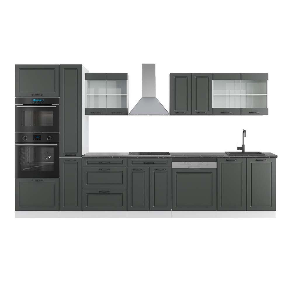 Vicco Küchenzeile R-Line, Anthrazit Landhaus/Weiß, 350 cm mit Hochschrank, AP Anthrazit