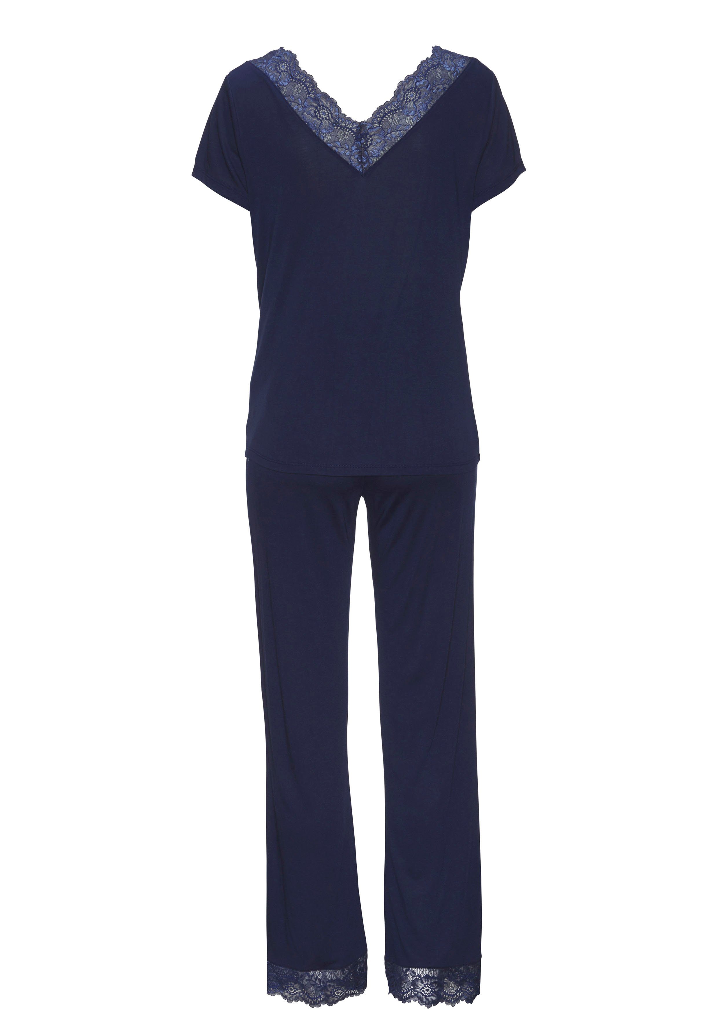 LASCANA Pyjama (2 tlg., 1 nachtblau Stück) Spitzendetails mit