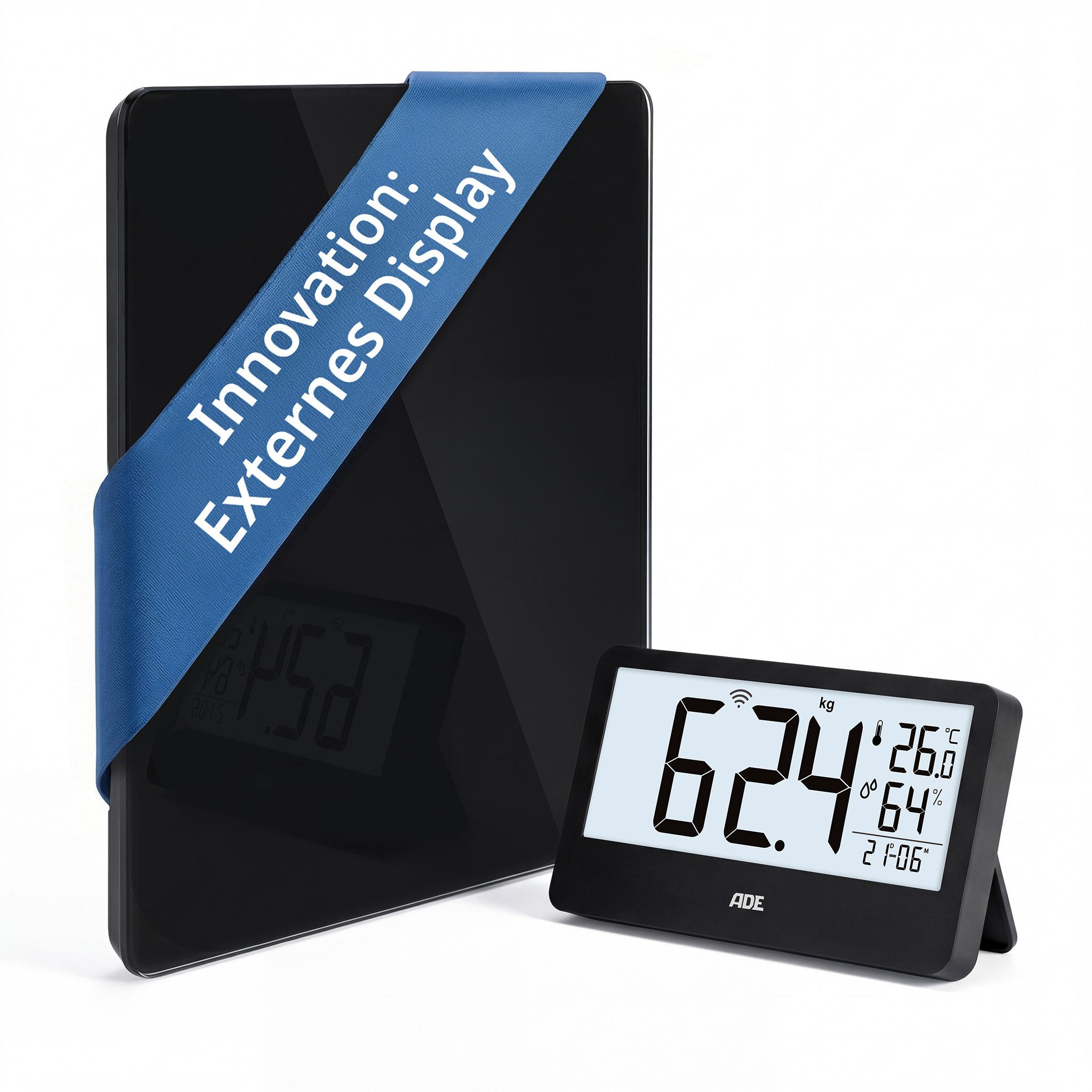 ADE Personenwaage digital mit externem Display, kabellose Funkübertragung, mit Uhrzeit, Thermometer, Hygrometer
