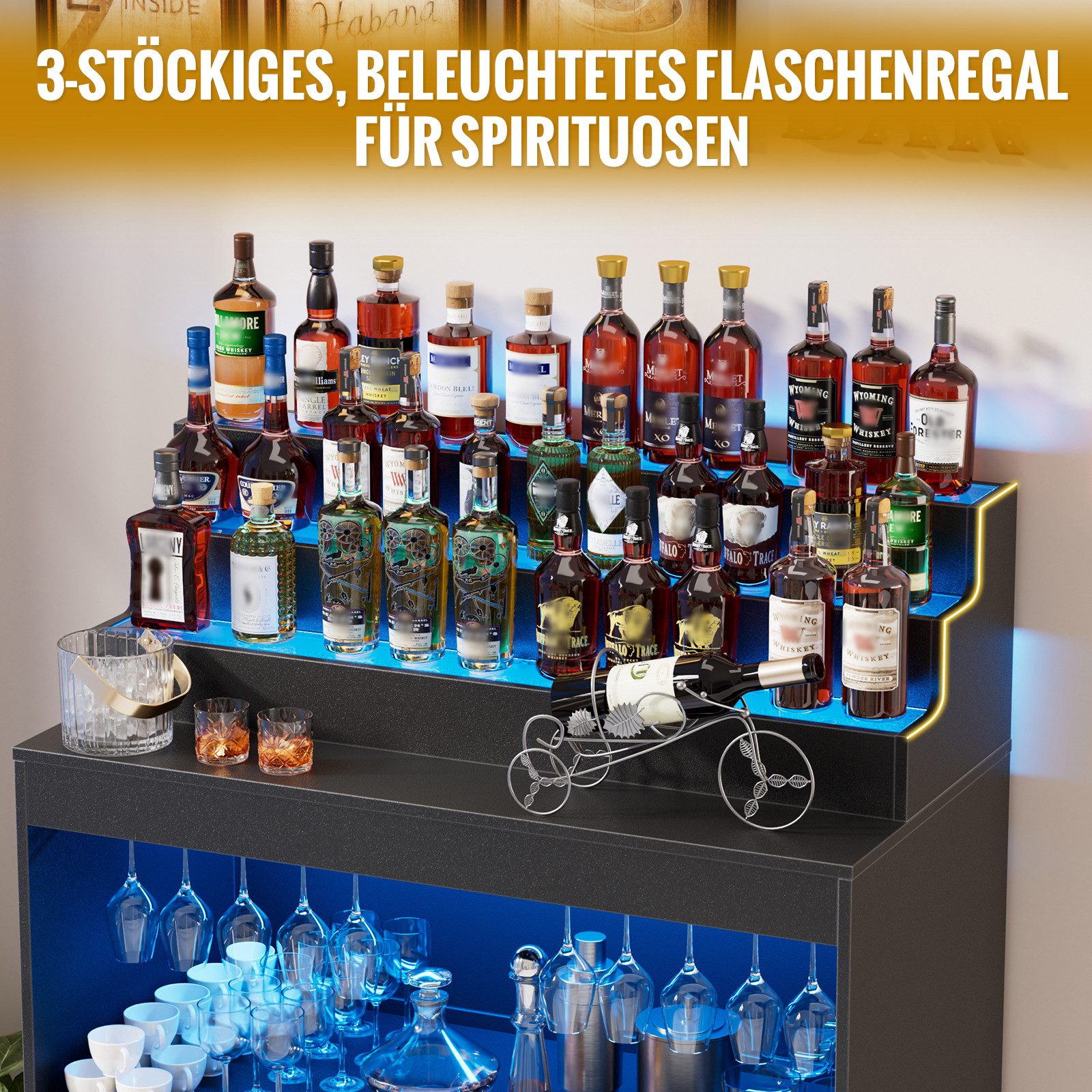 PEALOV Barschrank mit RGB-LED-Beleuchtung, Weinschrank mit Weinglashalter und Glastüren (1-St) 3-stöckiges Flaschenregal, Küchenschrank, Pantryschrank, 79,8x108 – Bild 5 von 5