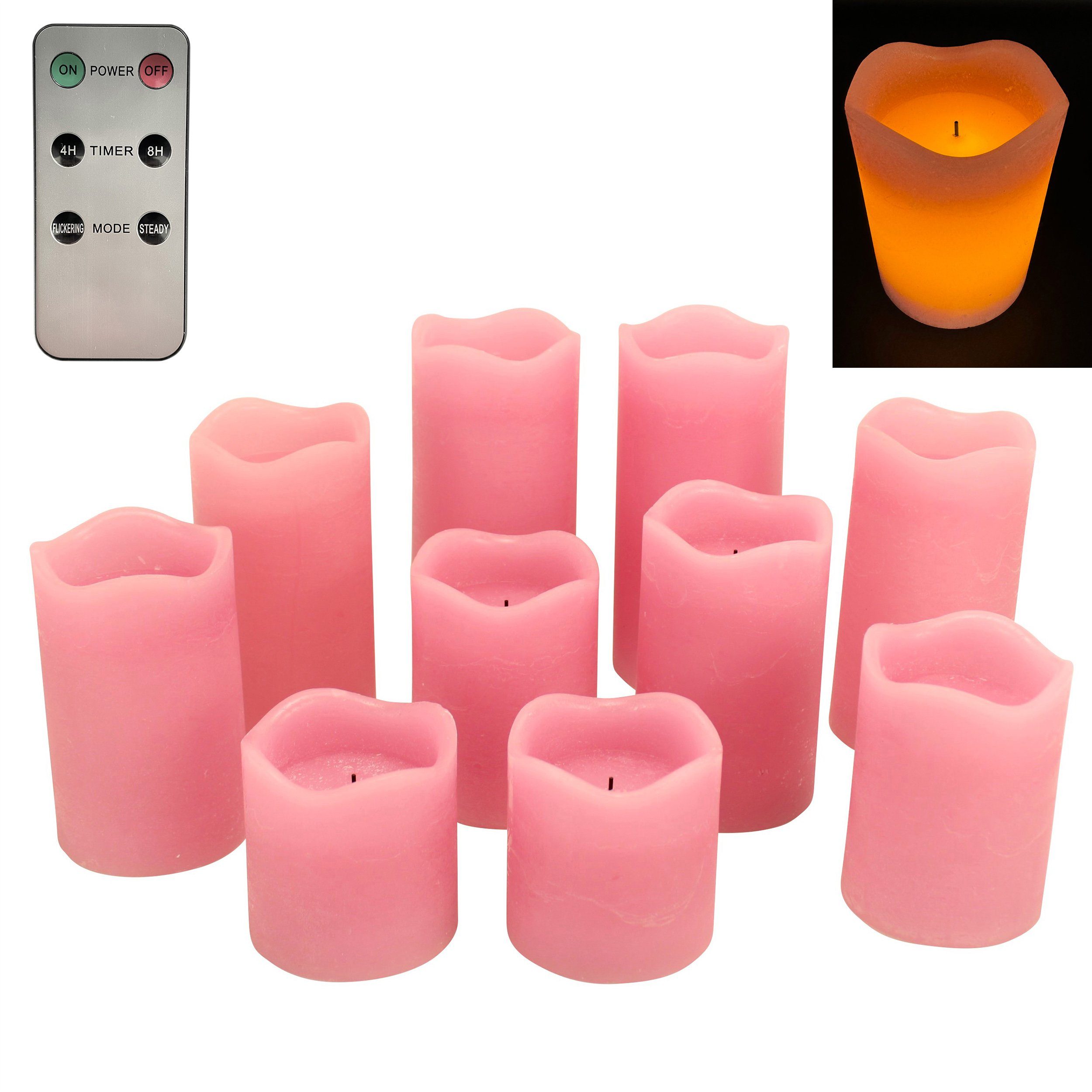 Online-Fuchs LED-Kerze 10er Set Stumpenkerzen aus Echtwachs mit Docht,  verschiedene Höhen (OHNE Flamme, 4- oder 8-Stunden-Timer wählbar,  Fernbedienung, Farben wählbar (Grün, Rot, Sandelholz, Creme, Weiß,  Alt-Rosa), je 2 Kerzen mit 8, 10,