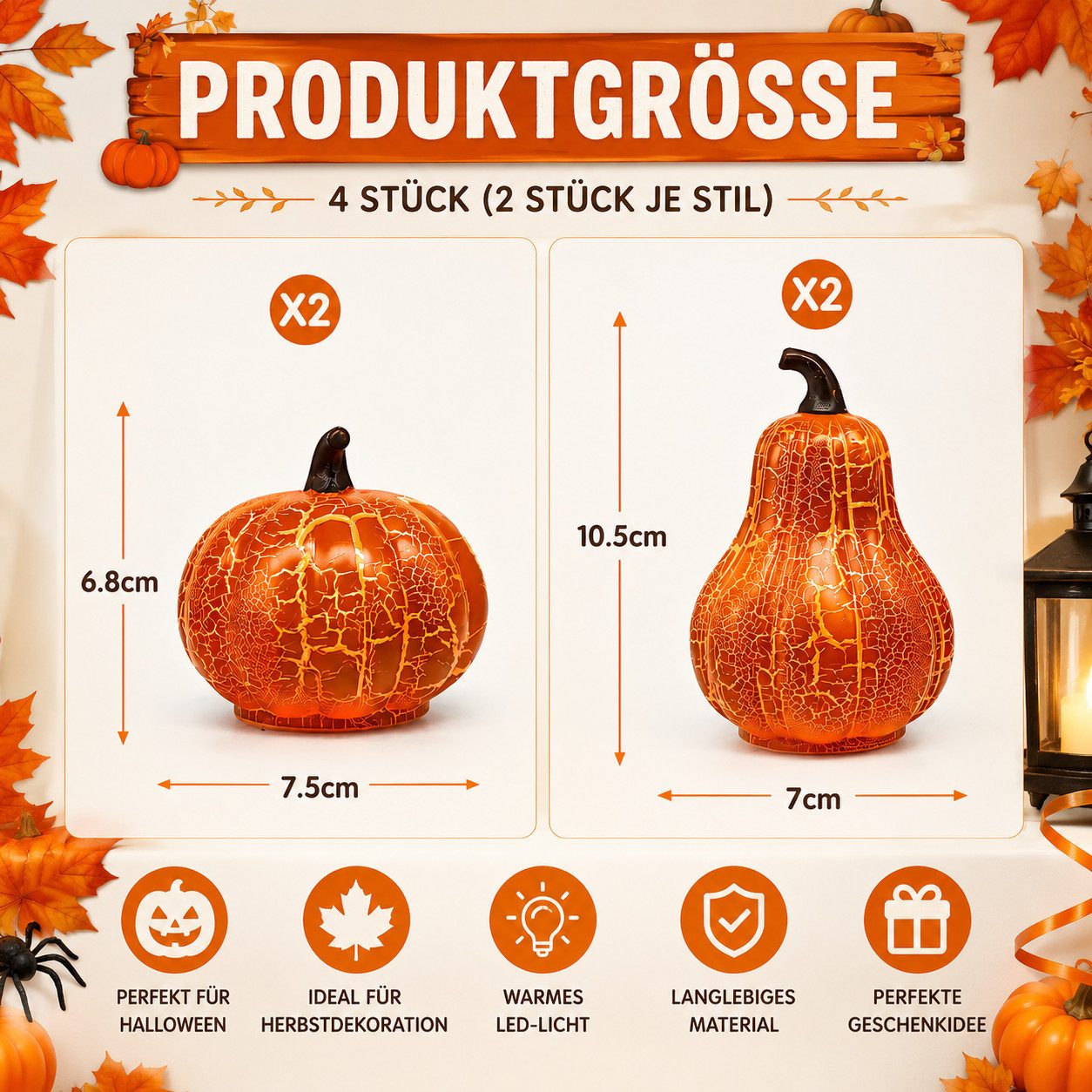 nsihing Dekofigur Halloween Kürbis LED Deko 4er Set, Vintage Crackle Tischleuchte (4 St), Für Halloween, Herbst, Thanksgiving & Wohnraum Deko – Bild 2 von 5