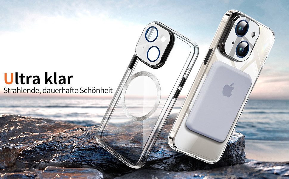 Vivitar Handyhülle iPhone 15 / iPhone 15 Pro / iPhone 15 Pro Max Hülle mit MagSafe, Integriertem 9H Kameraschutz, 9H Kamera-Ringständer, Transparent