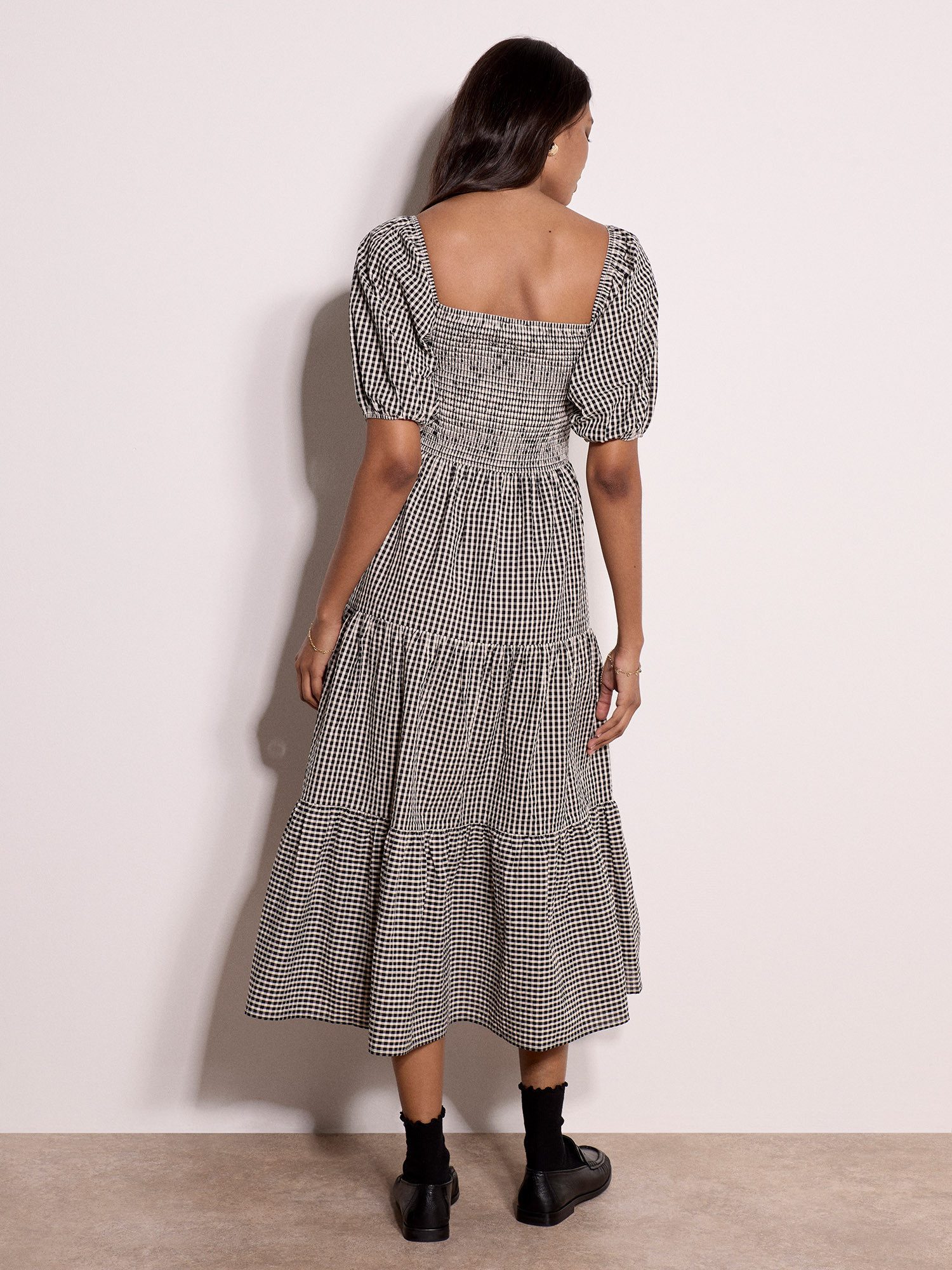 Apricot Midikleid Milchmädchen-Midaxi-Kleid in Karomuster mit eckigem Ausschnitt