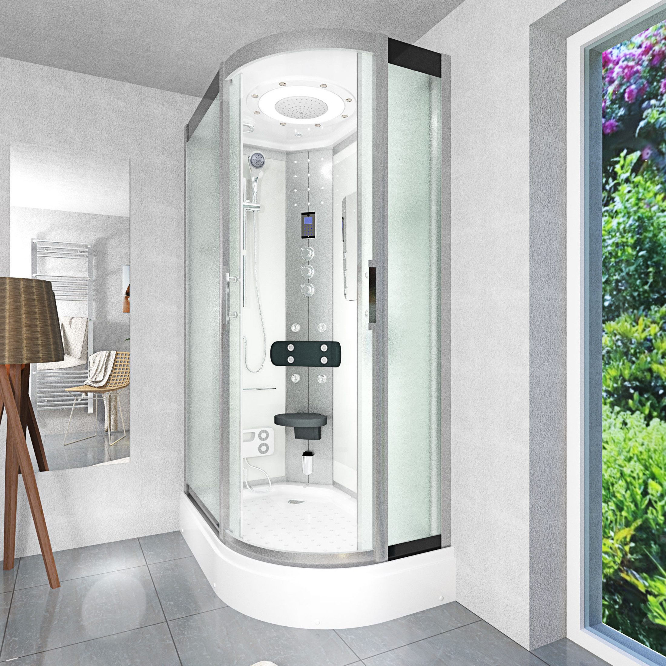 AcquaVapore Dampfdusche Dusche DampfduscheD60-70M3R-ALL Weiß 80x120, Sicherheitsglas ESG, Höhenverstellbar, Mit Bauanleitung, Mit Beleuchtung, Mit Spiegel, Gehä