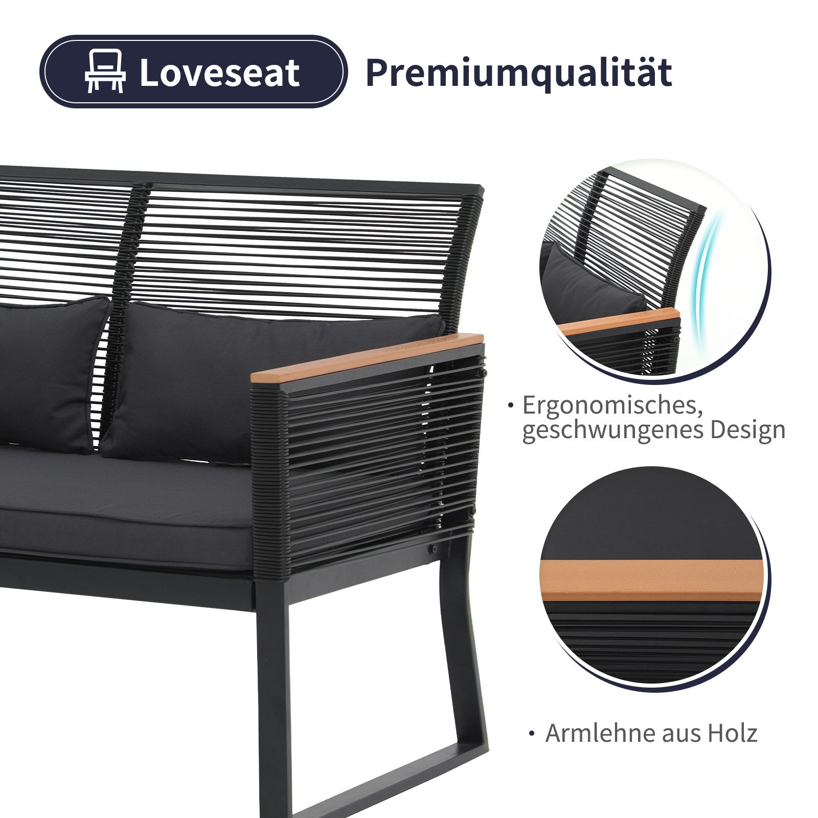 JOIVI Gartenbank 2er Gartenloveseat (Terrasse Sitzbank bis zu 160 kg, Gartenbank mit Sitzkissen&Rückkissen), Balkonbank für Balkon, Garten, Terrasse, Hinterhof, Schwarz