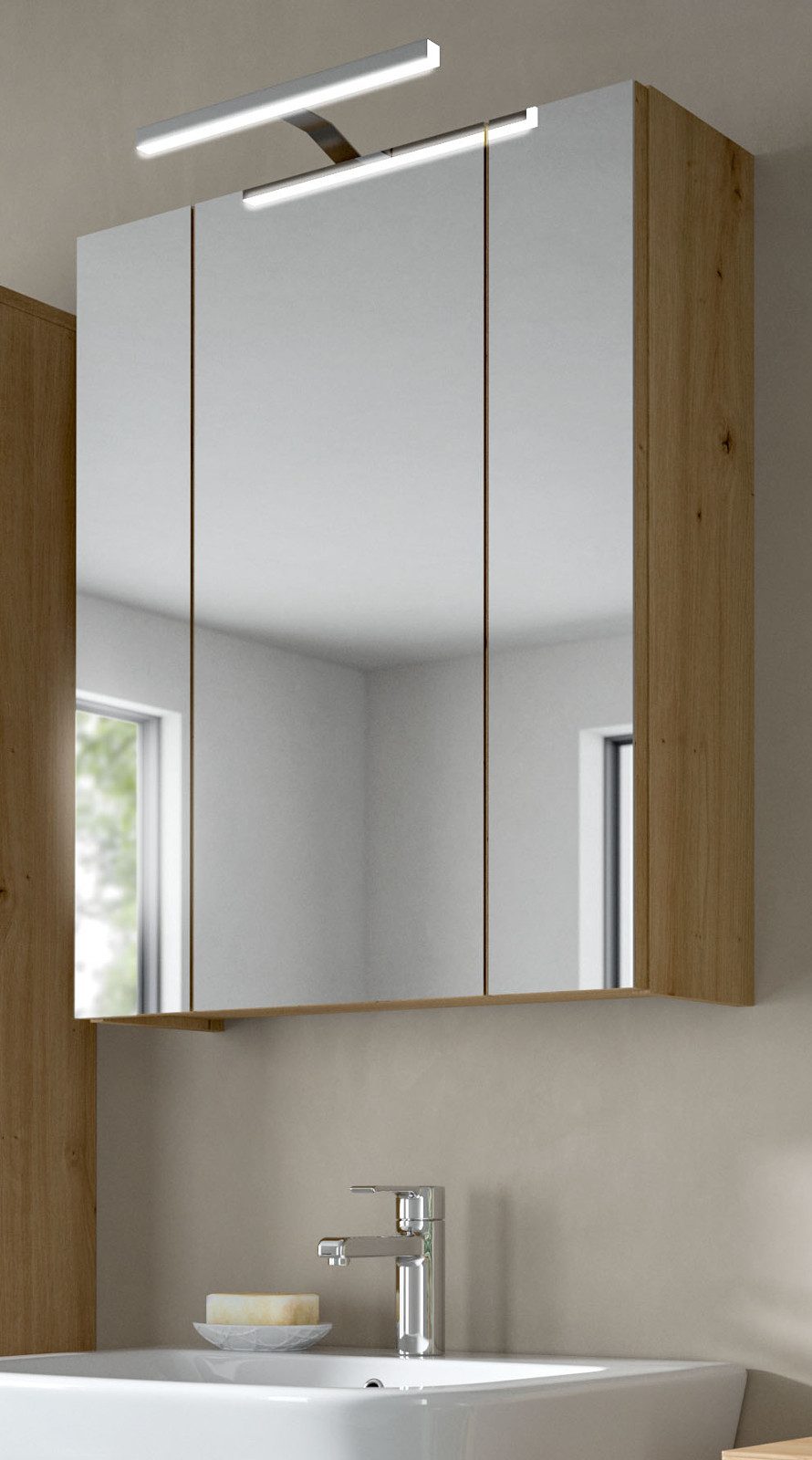 Inn.Furn Badezimmerspiegelschrank Cover (Badschrank in Artisan Eiche, 3-türig / 3D, 60 x 70 cm) mit 9 Fächern