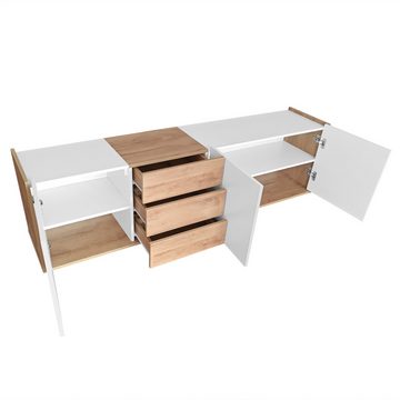 REDOM TV-Schrank Lowboard Fernsehtisch (mit 3 Schubladen und 3 Türen) mit Paneel in Weiß und Holzfarben,TV-Board freistehend/hängend