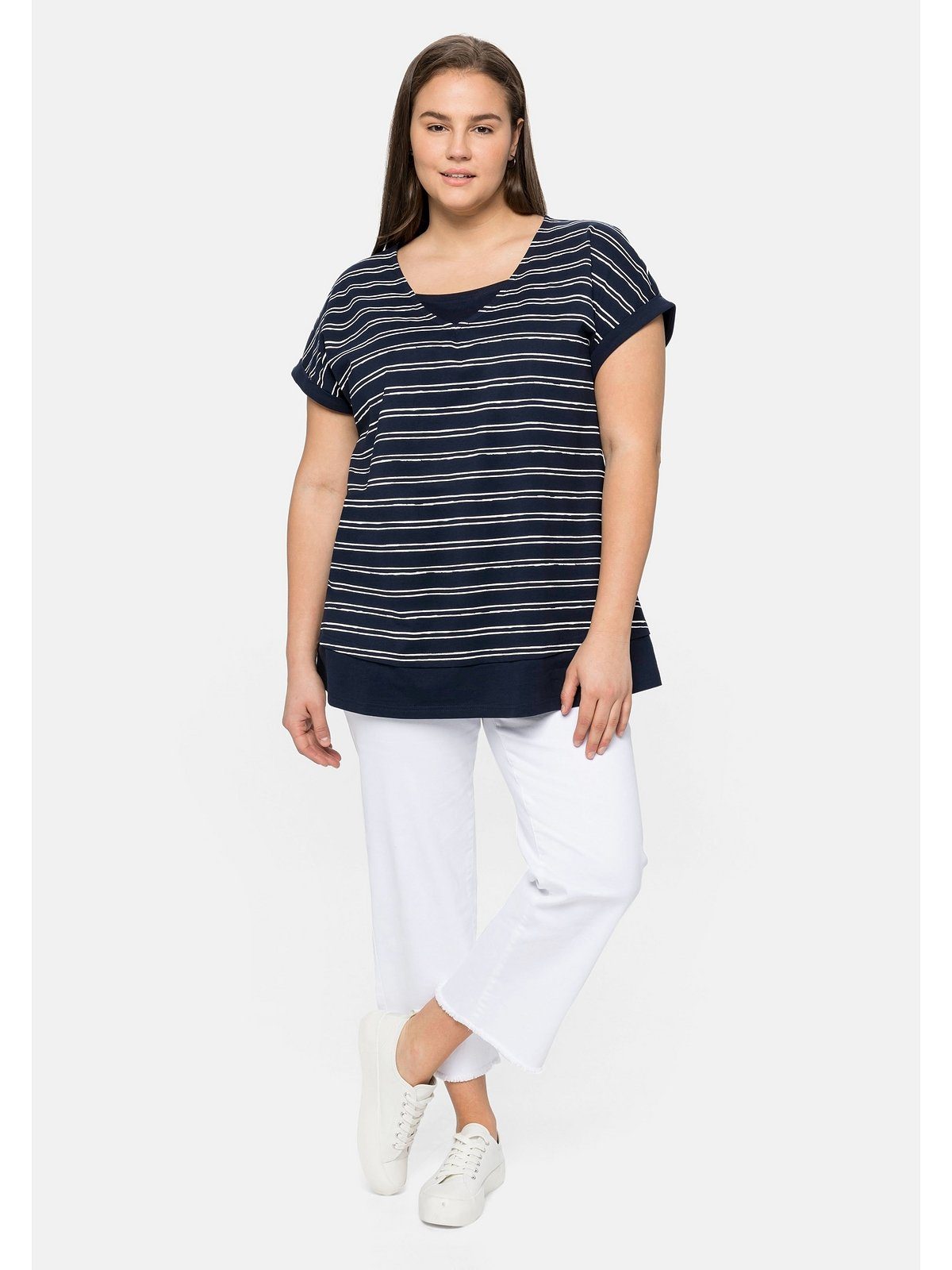 Sheego T-Shirt Große Größen im aus Lagenlook, marine-weiß reiner Baumwolle