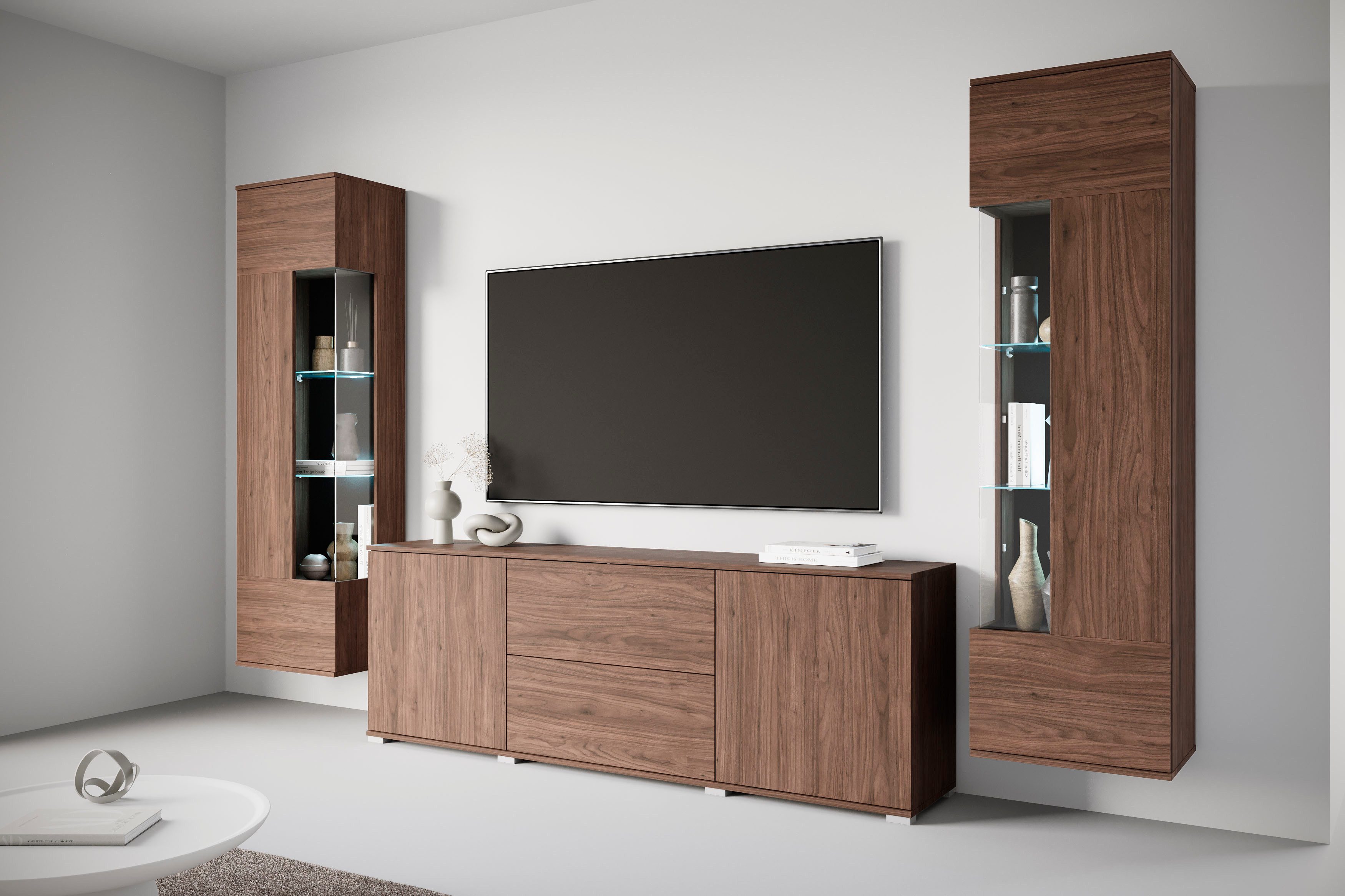 OTTO home Wohnwand KENIA, (Komplett-Set, 3-St), Vitrinen mit Eckverglasung, hängend und stehend montierbar