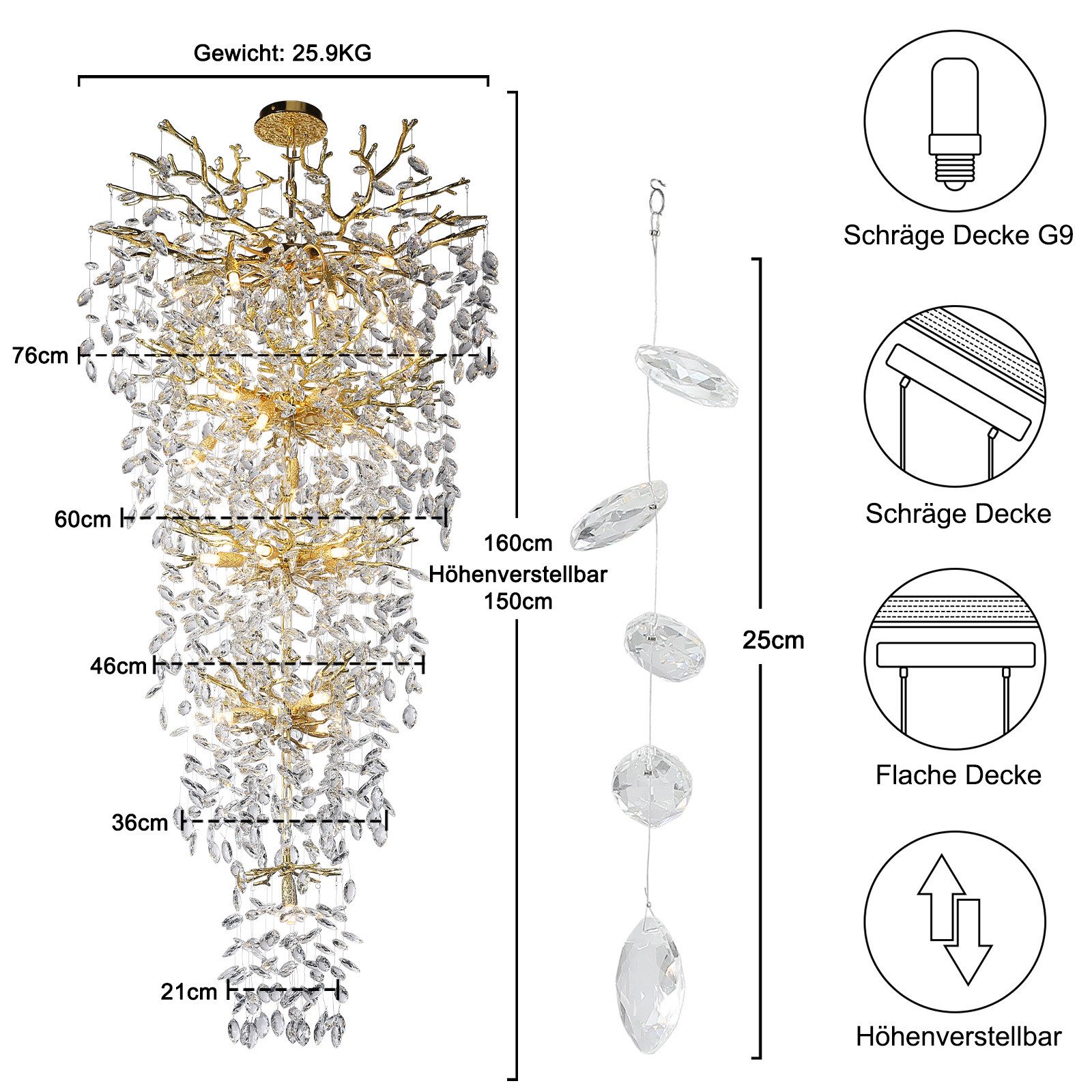 Surtime Kronleuchter für Treppenhaus, 300 cm, Goldfarben,Kristall, 28 G9-Fassungen für gleichmäßiges Licht, LED wechselbar, 3000K, K9-Kristalldesign im Ast-Stil – Bild 2 von 5