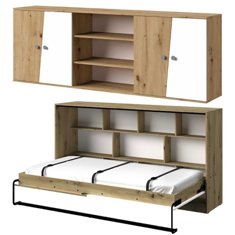Feldmann-Wohnen Jugendzimmer-Set Nero, (1x Hängeschrank 2-türig mit 3 offenen Fächern, 1x 90x200cm Schrankbett horizontal aufklappbar), 213cm artisan eiche / weiß-grau matt mit grauen Knopfgriffen 2-teilig