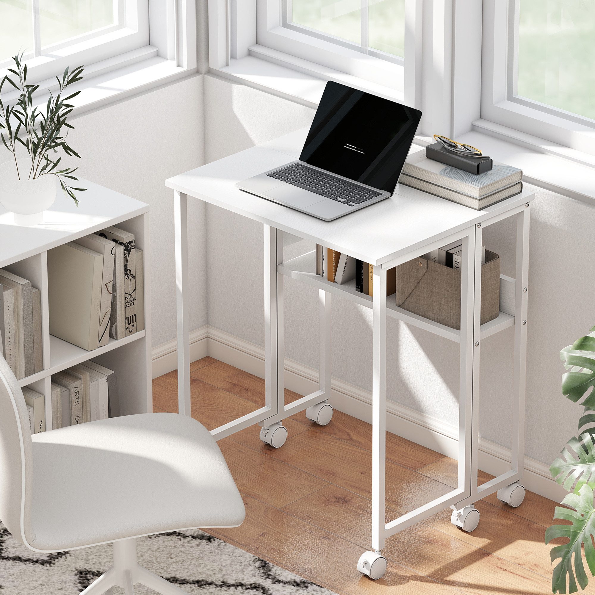 HOMCOM Schreibtisch klappbarer (Klappschreibtisch, 1-St., Platzsparend Computertisch), mit Regal, Aufbewahrungstasche, für Home Office, Weiß